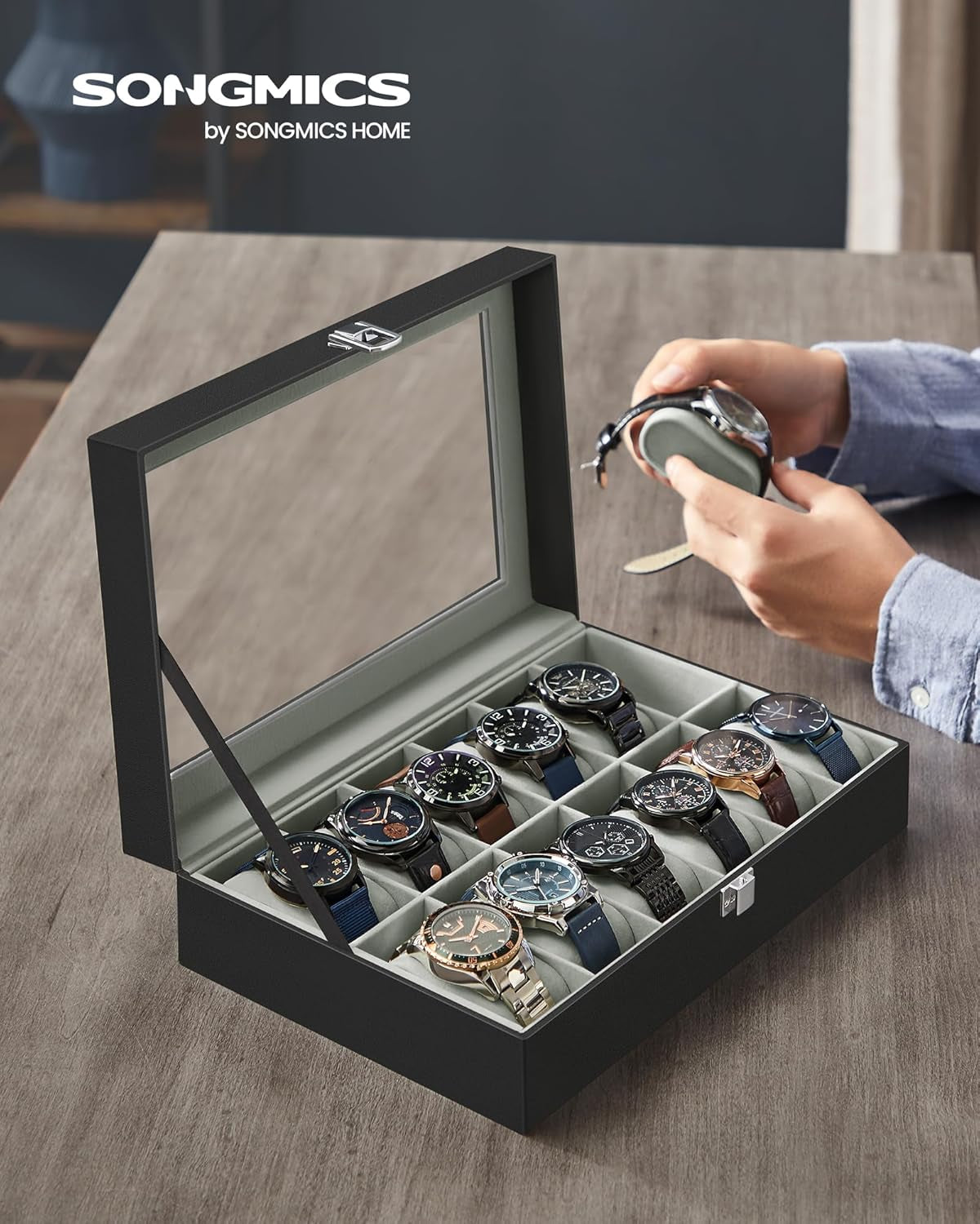 Watch Box, 12-Slot Watch Case Organizer with Large Glass Lid, Removable Pillows, Gift for Loved Ones, Black Synthetic Leather, Gray Lining UJWB12BK