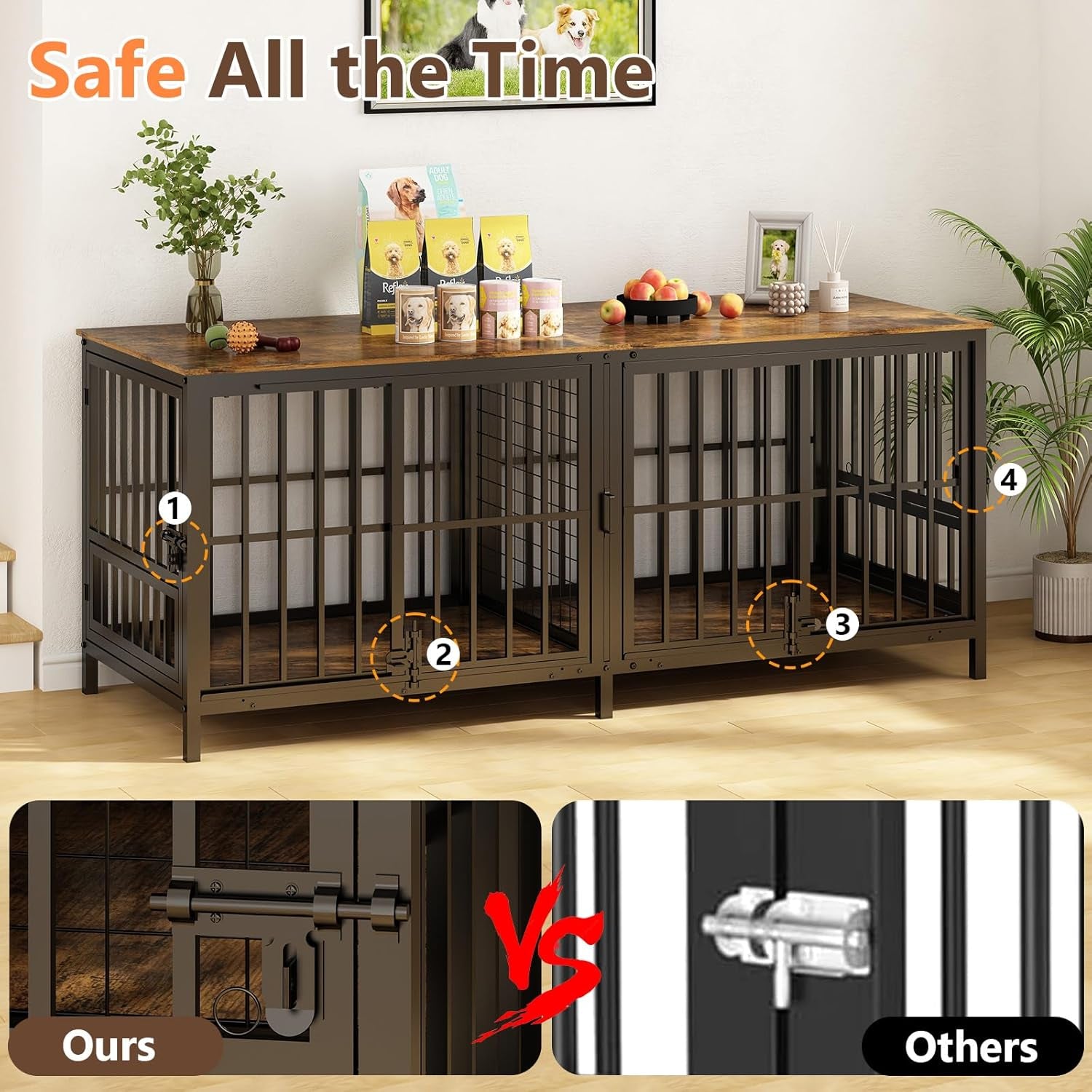 Extra Large 80" Dog Crate Furniture for 2 Dogs, Double Dog Crates for Large Dogs with 2 Dog Bowl, Wooden Pet Cage with Removable Divider, Sliding Door Dog Crate TV Stand, Space Saving