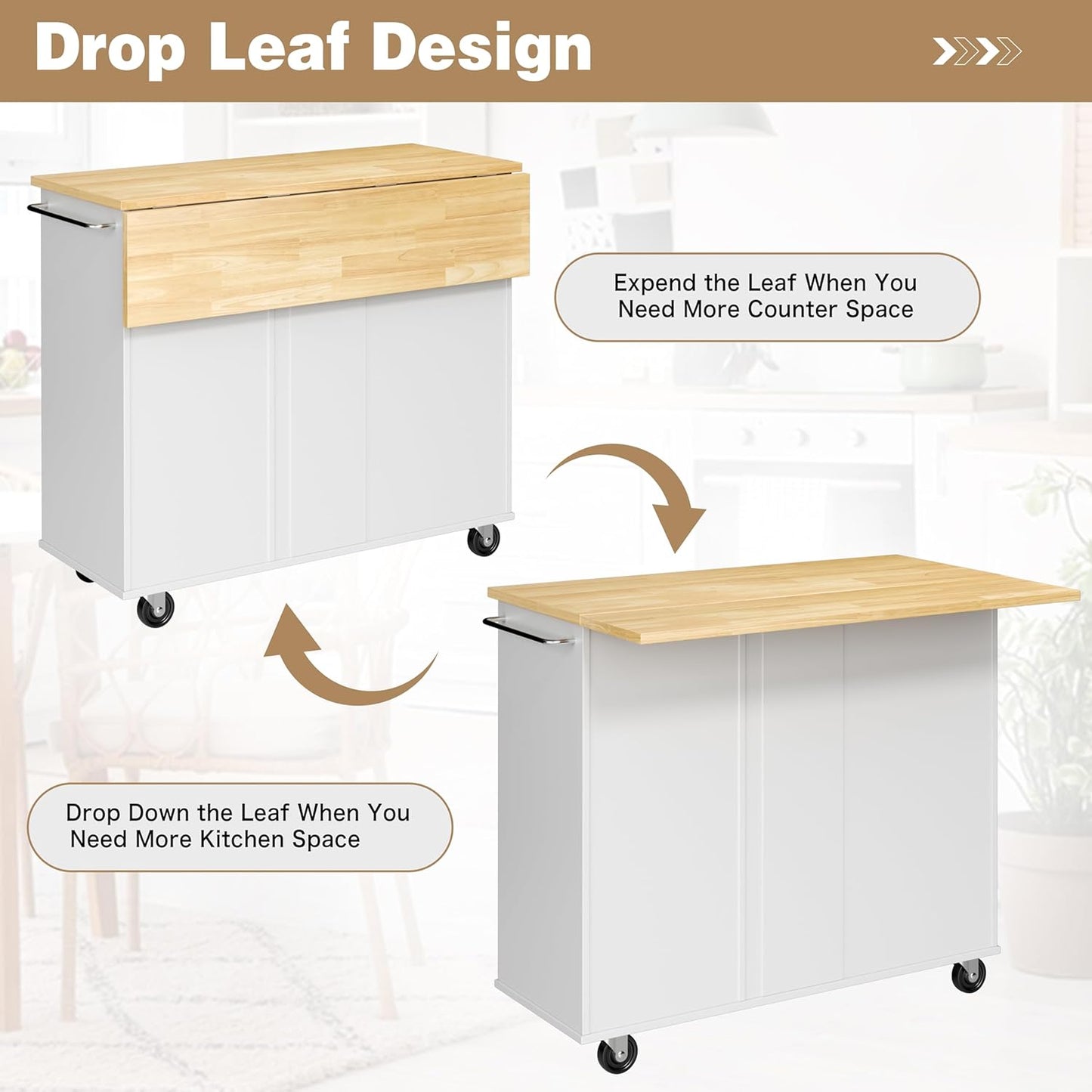 Kitchen Island with Folding Drop Leaf, Rolling Island Table with Storage, Kitchen Cabinet on Wheels with Seating Area for Kitchen, Bar Cart with Cabinet, White