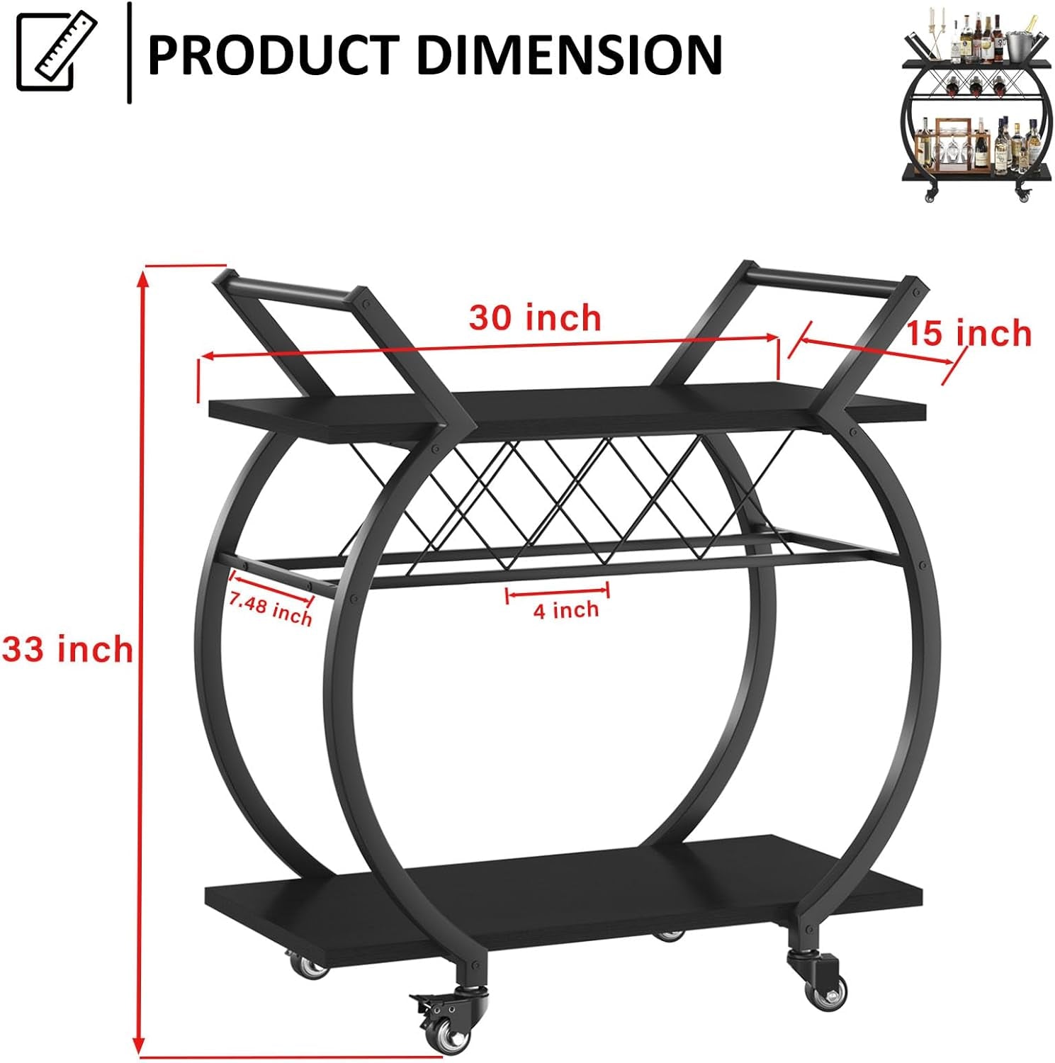 Black Wine Cart with Wheels, Modern Bar Cart with Wine Rack, Industrial Beverage Rolling Kitchen Serving Cart with Storage, Metal Wooden Microwave Drink Liquor Cart for Home Dining Room, Black Oak