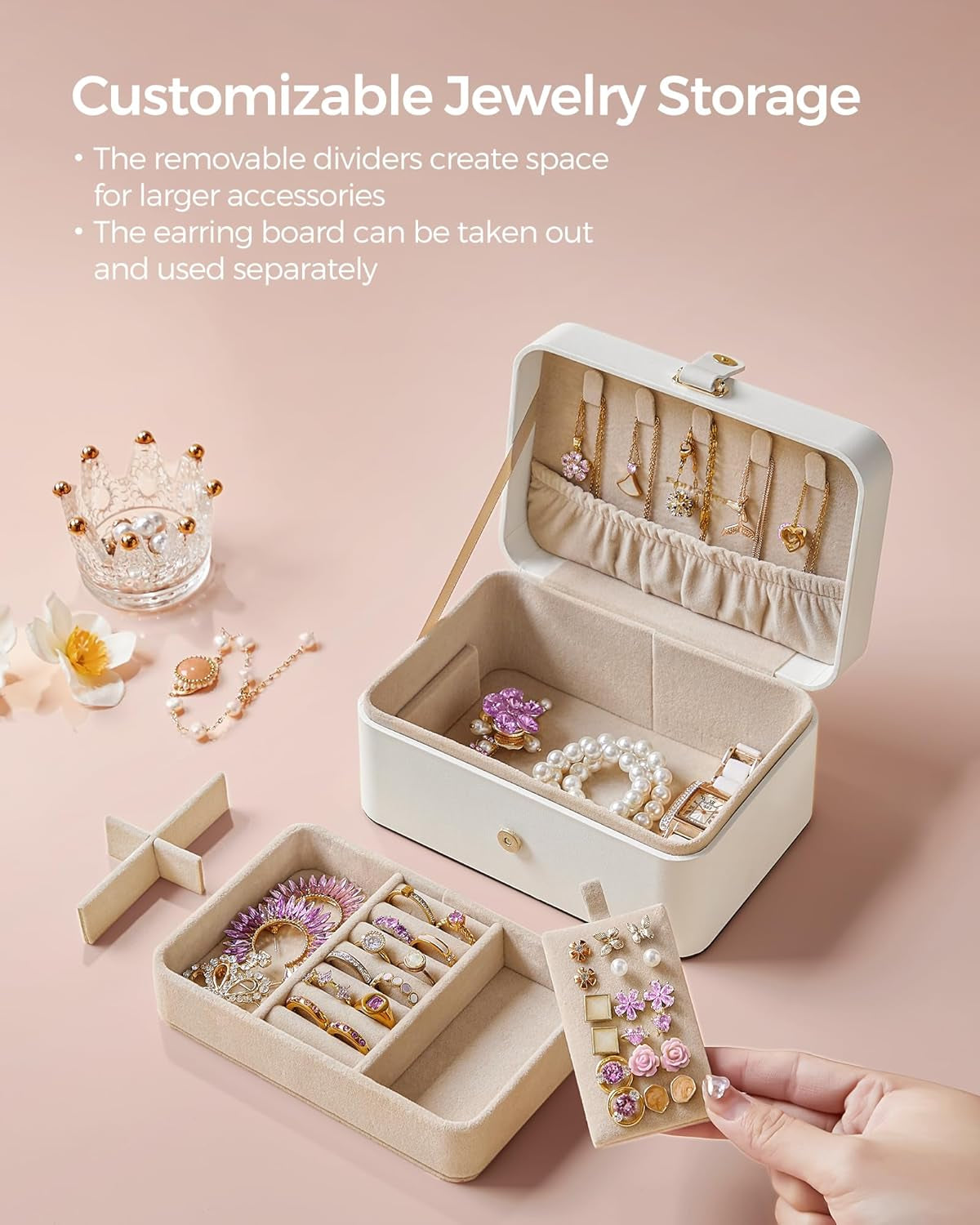 Jewelry Organizer Box, 2-Layer Travel Case for Earrings, Necklaces, Bracelets - Portable Jewelry Storage with Large Capacity, Gift-Ready Box for Women & Girls, Cloud White UJBC166W01