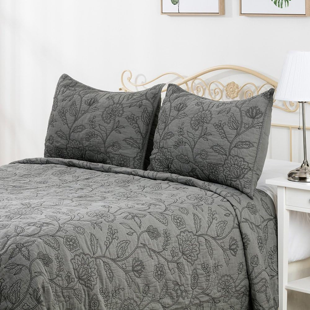 Cotton Vintage Embroidered King Pillow Sham, 20'' X 36'', Gray, 1 Piece