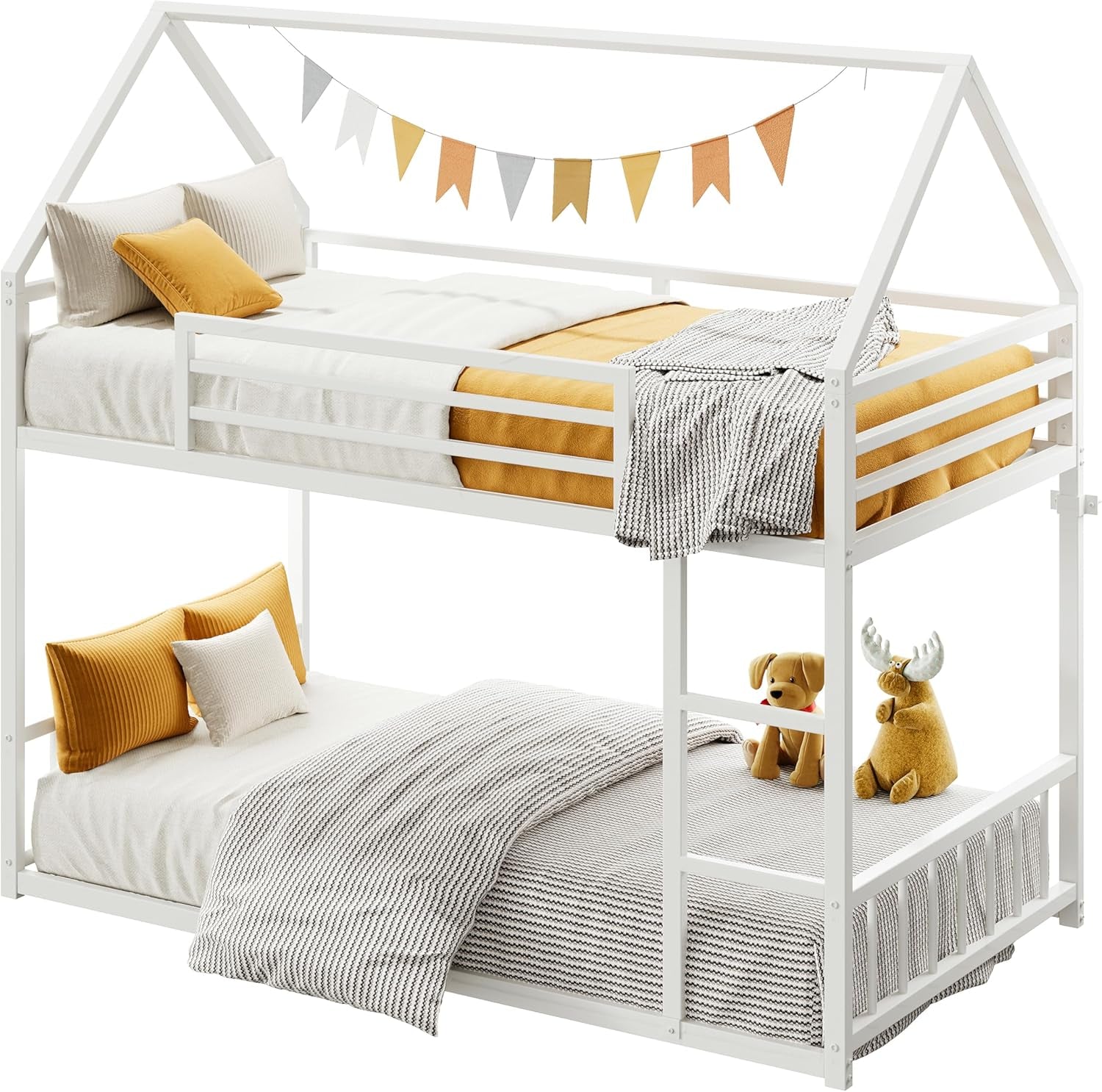 Bunk Bed Twin over Twin, House Bunk Bed Frame with Ladder and Guardrail, House Shaped with Metal Slats for Dormitory and Bedroom, Space Saving, No Box Spring Needed, White