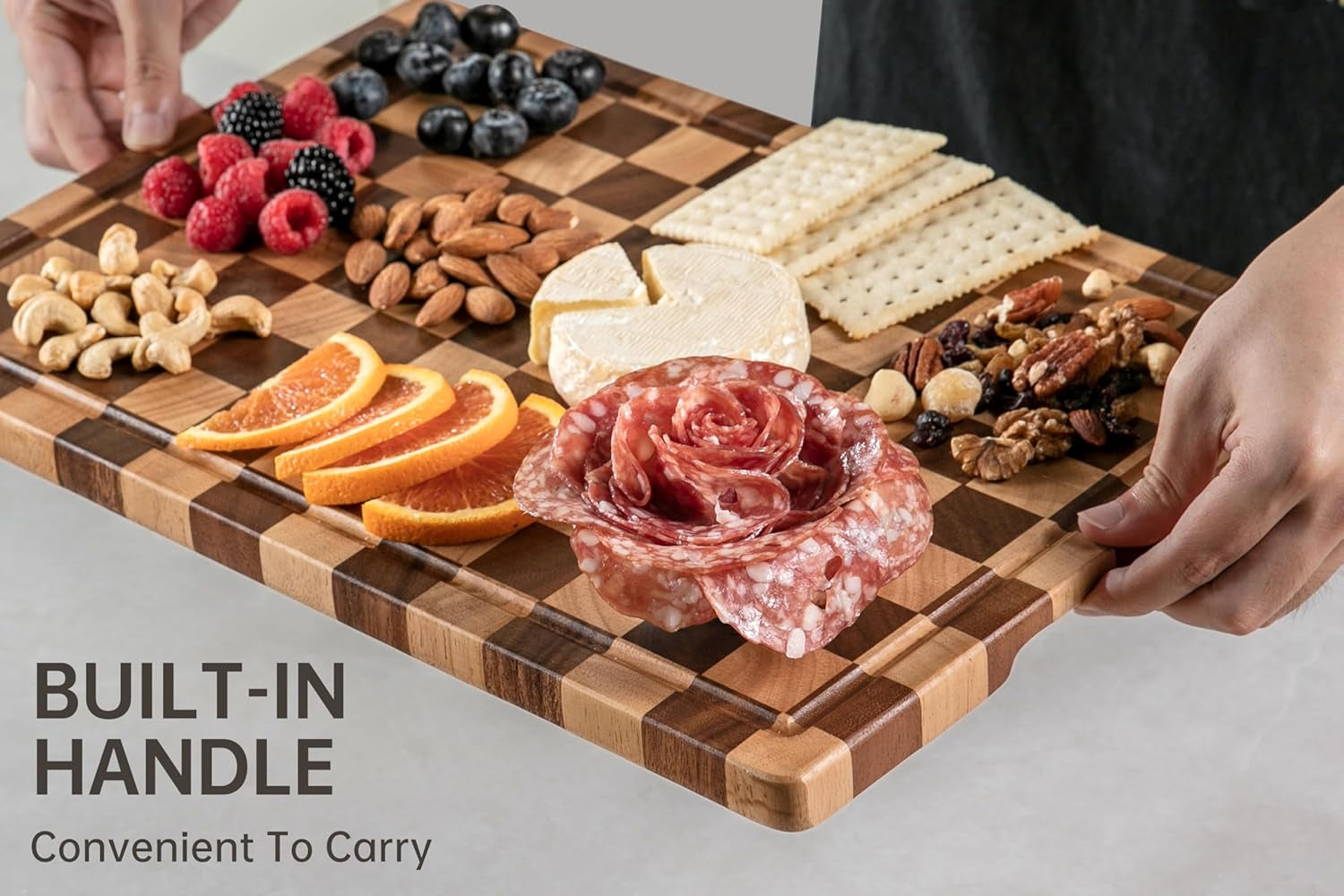 Cutting Boards for Kitchen, Design in USA Large Acacia Wood Chopping Board, Checkered Cutting Board with Juice Grooves & Handles, Butcher Block Serving Tray with Gift Box 16.5" X 11.6" X 0.8"