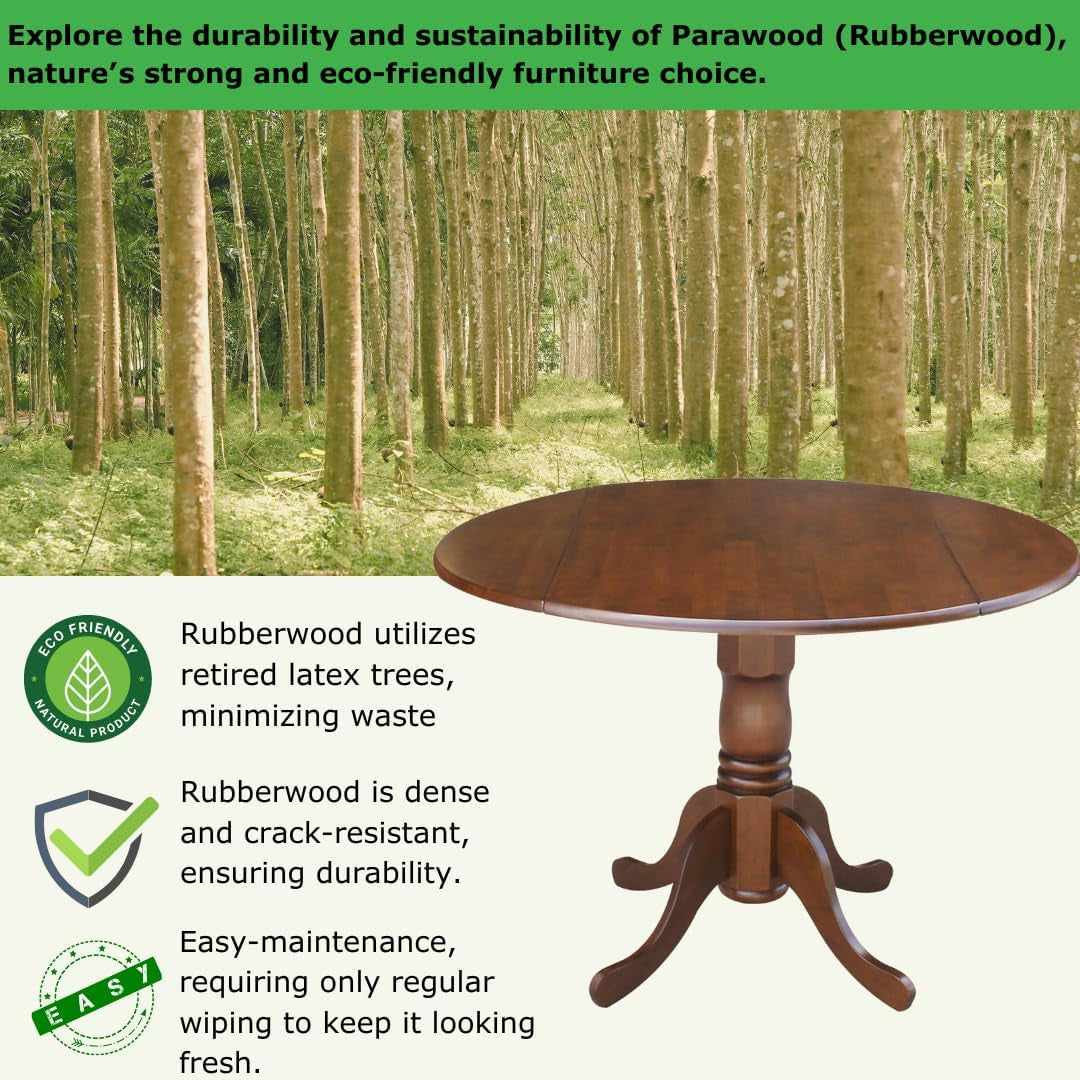 , 42" round Dual Drop Leaf Pedestal Dining Table, Solid Wood, Real Parawood, 42" W X 42" D X 29.5" H, Easy Assembly, Espresso