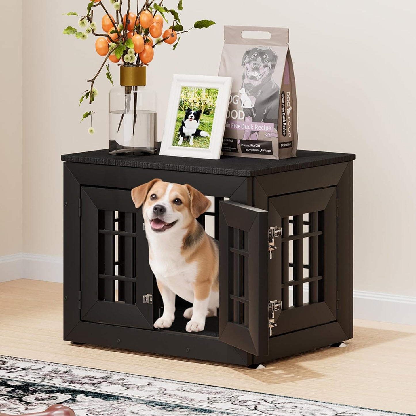 26" Heavy Duty Dog Crate Furniture for Small,Medium and Large Dogs,Rustic Wooden Dog Cage Kennel Indoor Furniture with Waterproof Top,Decorative Pet House Side End Table (Black)