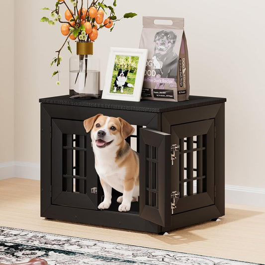 26" Heavy Duty Dog Crate Furniture for Small,Medium and Large Dogs,Rustic Wooden Dog Cage Kennel Indoor Furniture with Waterproof Top,Decorative Pet House Side End Table (Black)