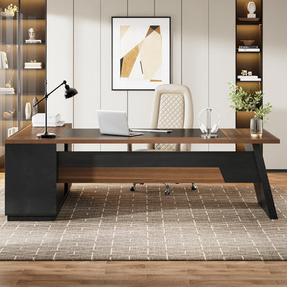78" L-Shaped Executive Desk, Large Modern Office Desk with Drawers and File Cabinet, Business Furniture with Storage Shelves, Big Computer Desk for Home Office (Light Walnut + Black)