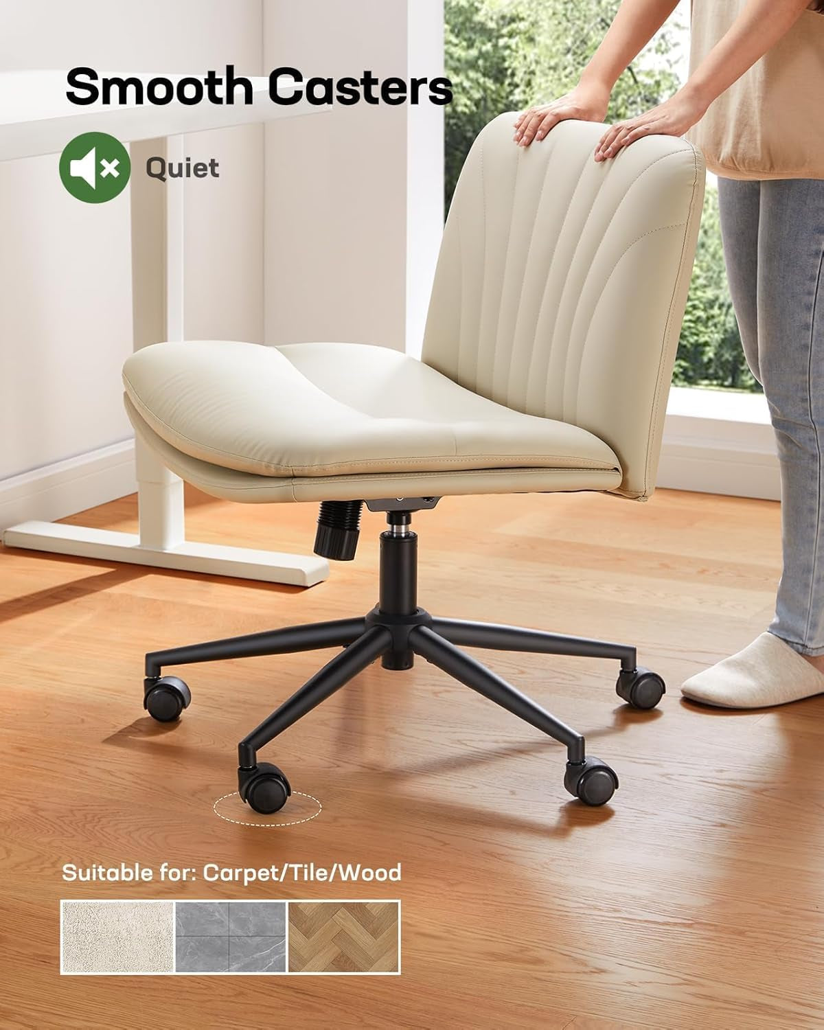 Armless-Office Desk Chair with Wheels: PU Leather Cross Legged Wide Chair,Comfortable Adjustable Swivel Computer Task Chairs for Home,Office,Make Up,Small Space,Bed Room(Light Beige)