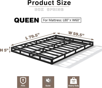 5 Inch Heavy Duty Metal Queen Box Spring Mattress Foundation, 3000Lbs High Capacity Bed Base with Non-Slip Support, No Noise Structure, Easy Assembly, Durable Fabric Cover, Black