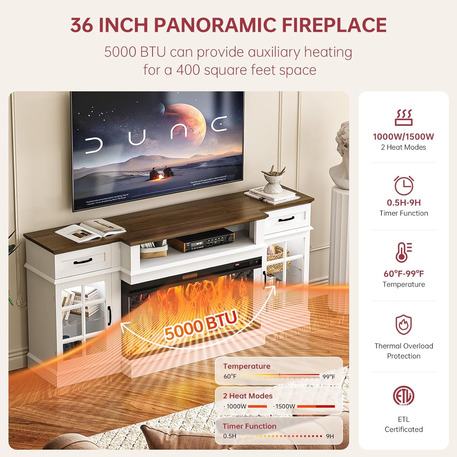 70" Fireplace TV Stand with 3-Sided Glass Fireplace, Modern Wood Entertainment Center with LED Lights and Glass Door, 36" Fire Place TV Stands for Living Room, White