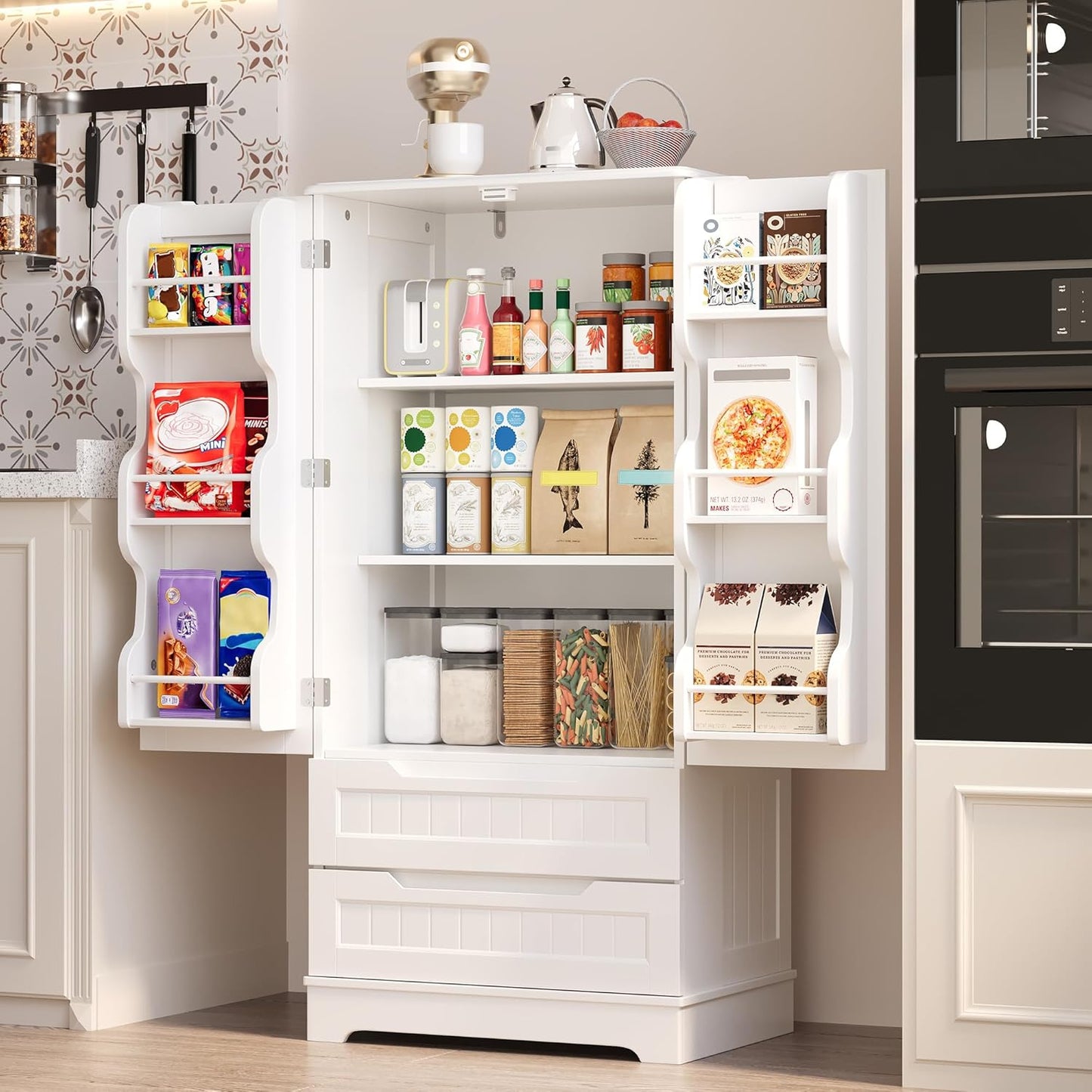 Kitchen Pantry Storage Cabinet with Drawers Freestanding Bathroom Storage Cabinets with Doors and Shelves, 47" Small Food Pantry Cabinet for Dining Room Craft Room, White