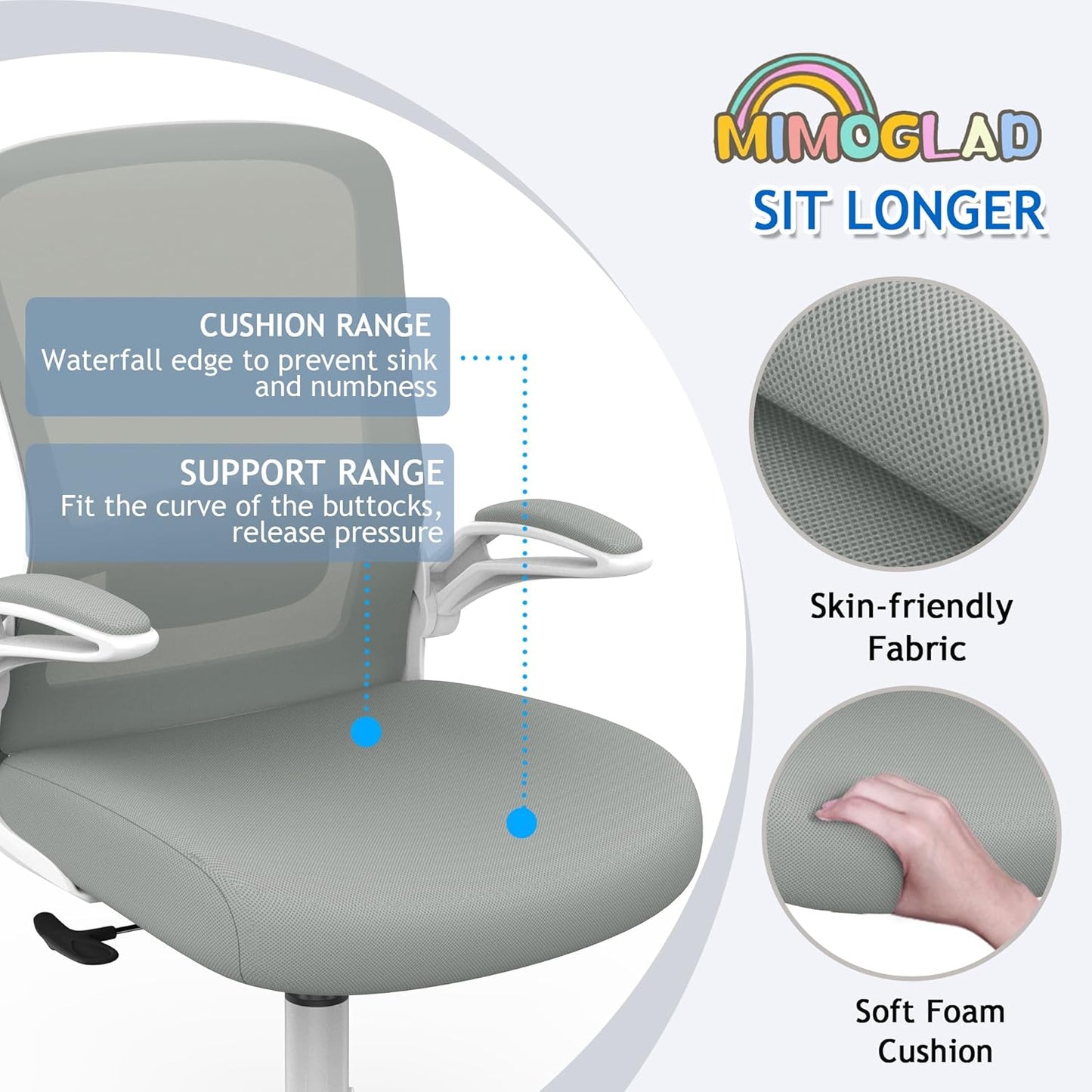 Ergonomic High Back Mesh Office Chair, Adjustable Lumbar Support, Thickened Seat Cushion (Modern, Moon Gray)