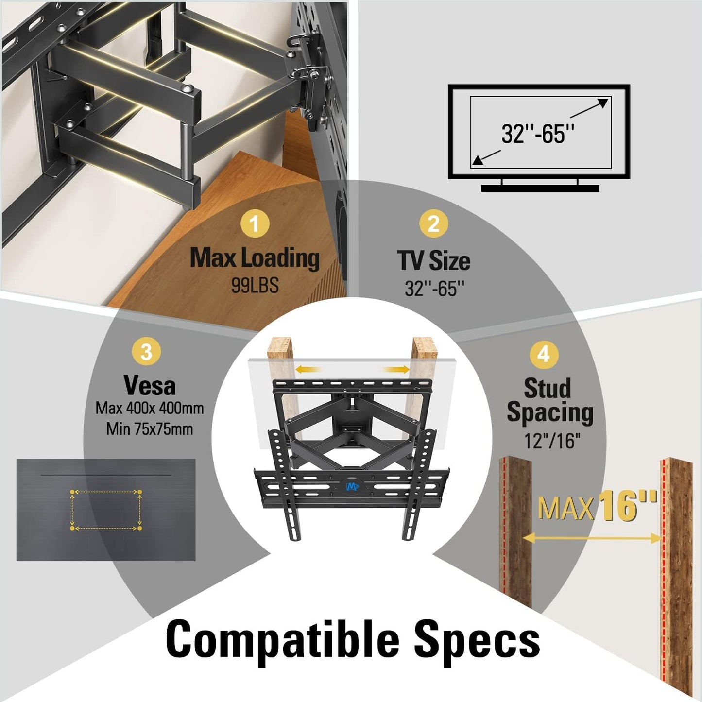 TV Wall Mount for 32-65 Inch Television,Mount with Swivel and Tilt, Full Motion Bracket with Articulating Dual Arms, Fits 16Inch Studs, Max VESA 400X400 Mm, 99Lbs, MD2380
