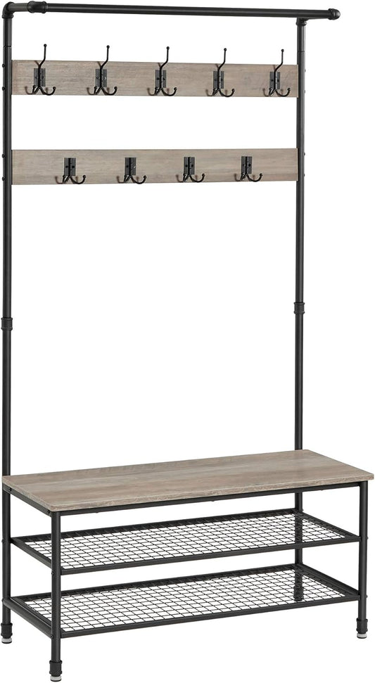 Industrial Coat Shoe Rack Hall Tree with 9 Hooks, Steel Frame Pipe Style, 39.4 X 16.3 X 71.7 Inches, Greige