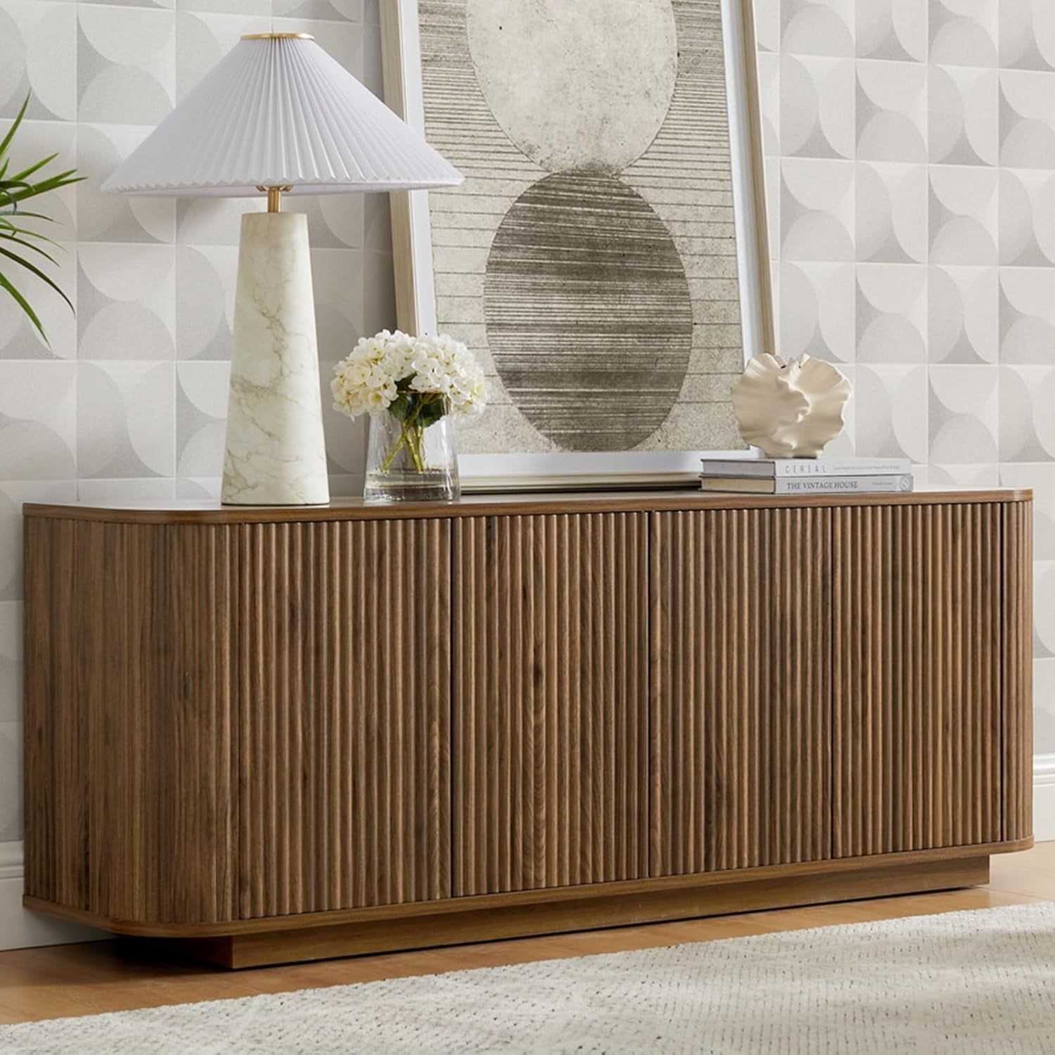 64" Buffet Sideboard Cabinet with Storage, Modern Fluted Accent Credenza with Adjustable Shelves, Wood Coffee Bar Console Table for Living Room Kitchen Dining Room Hallway, Walnut