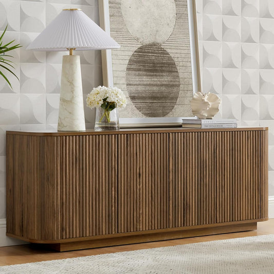 64" Buffet Sideboard Cabinet with Storage, Modern Fluted Accent Credenza with Adjustable Shelves, Wood Coffee Bar Console Table for Living Room Kitchen Dining Room Hallway, Walnut