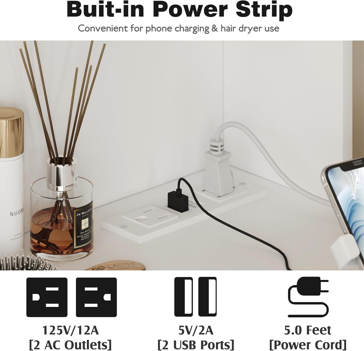 Vanity Desk with Mirror, Power Outlet and 10 Lights, Makeup Table with 7 Drawers, 3 Color Modes Available for Bedroom, White