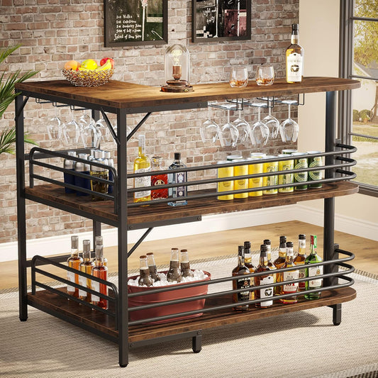 L-Shaped Home Bar Unit, 3 Tier Liquor Table with Storage Shelves and Wine Glasses Holder, Industrial Corner Wine Cabinet Mini Bar for Home Kitchen Pub, Rustic Brown