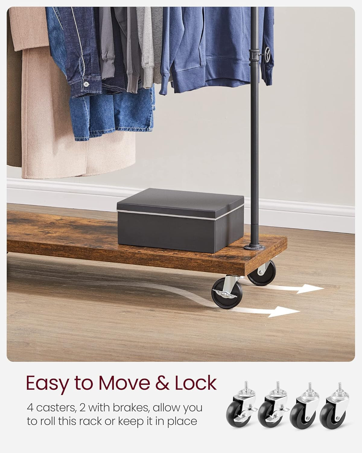 Clothes Rack, Heavy Duty Clothing Rack, Industrial Pipe Style Rolling Garment Rack with Shelf, for Bedroom, Laundry Room, Retail Store, Rustic Brown and Black UHSR65BX