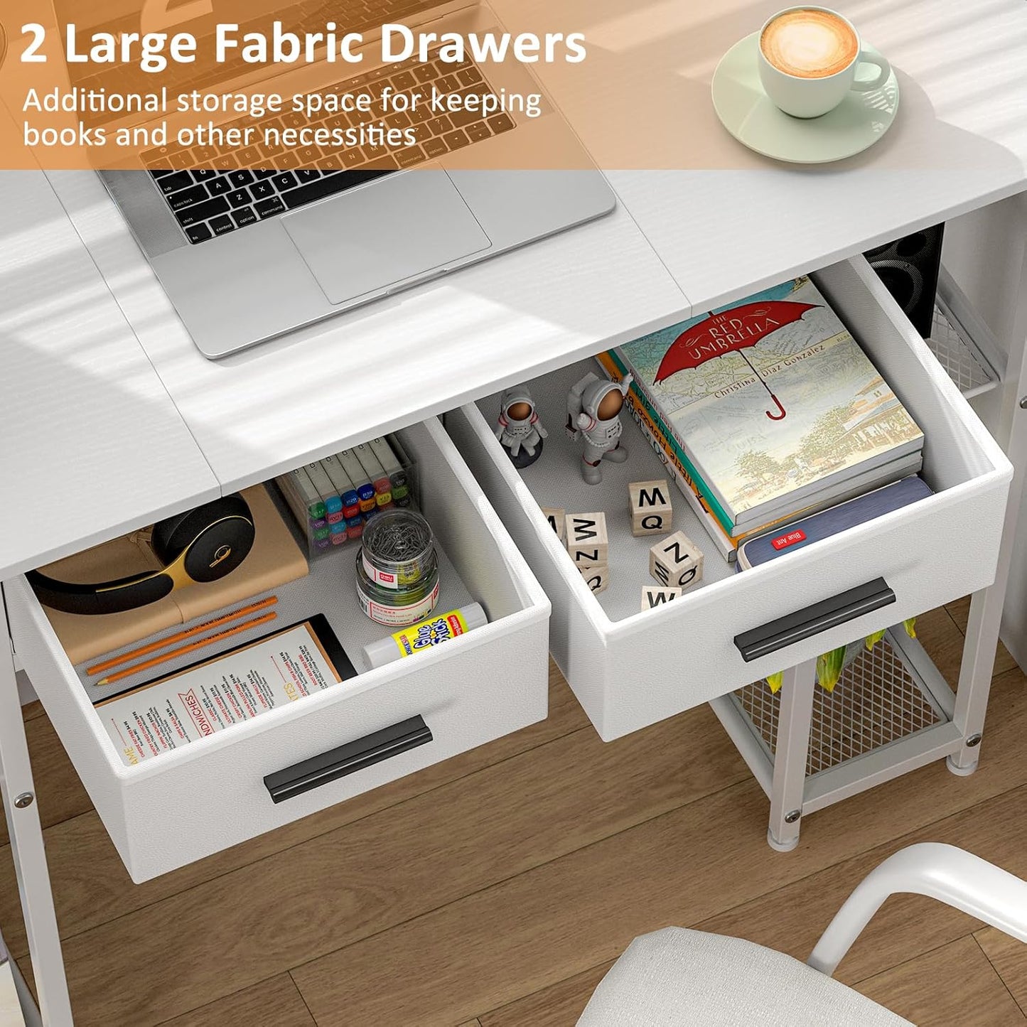 White Computer Desk with Drawers, 37.3 Inch Home Office Work Desk with Storage Shelf, Kids Teens Study Table for Small Space, Small Writing PC Table for Bedroom Makeup Vanity Desk