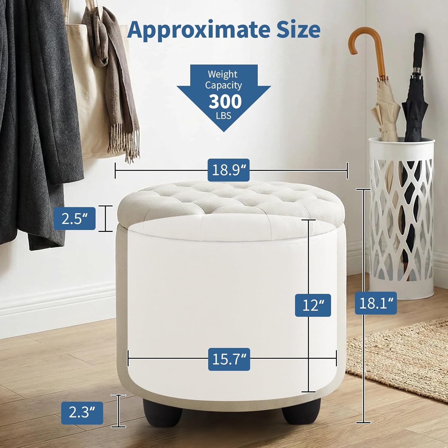 Modern round Storage Ottoman,Button Tufted Ottoman Foot Stools Ottoman Footstool with Removable Lid Storage Ottoman for Living Room, Bedroom, Makeup Room，Beige