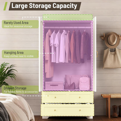 Armoire Wardrobe Closet with 2 Storage Drawers & 2 Door Cabinet, Bedroom Armoires with Full-Length Mirror, White Freestanding Wardrobe Combination with Hanging and Organizing Clothes for Home
