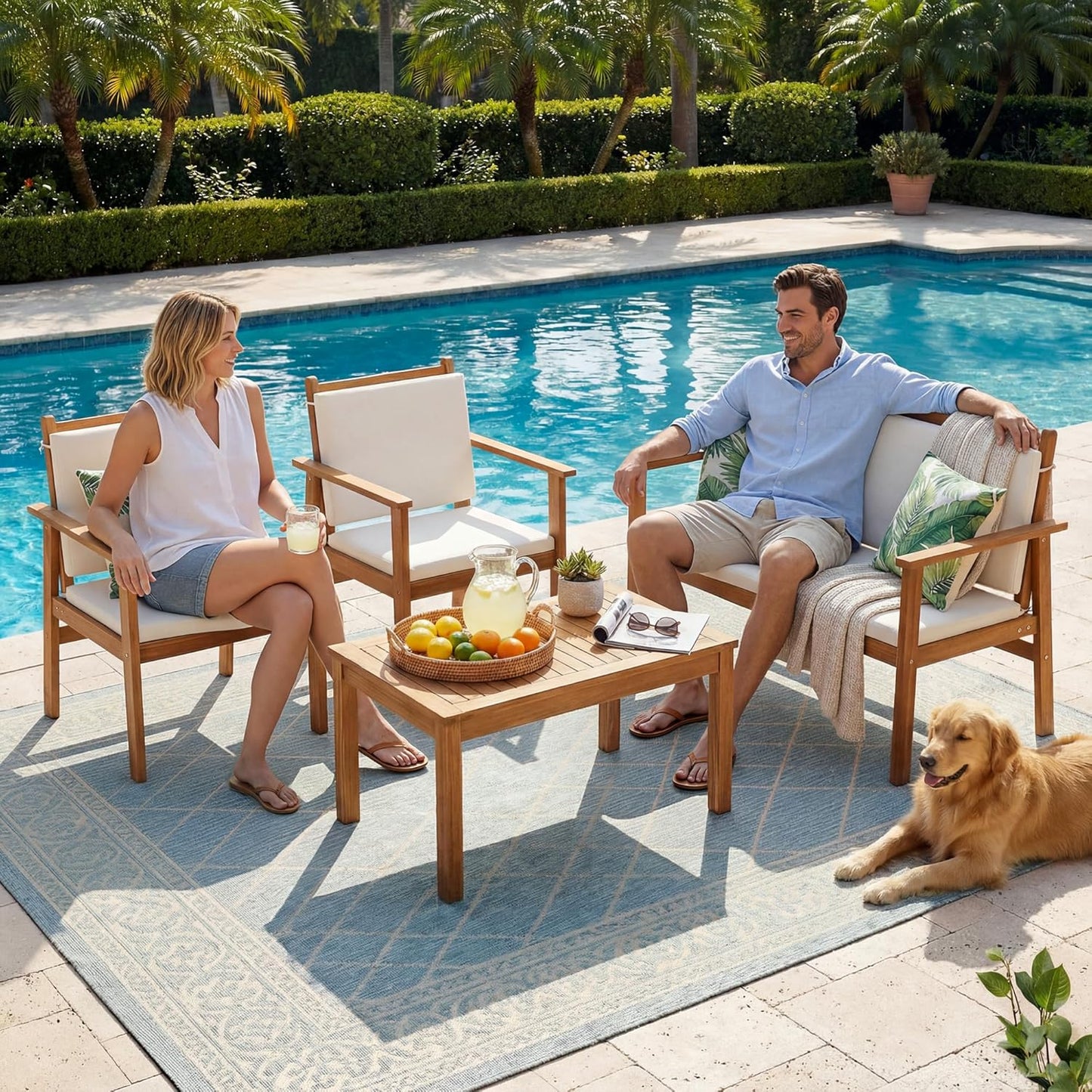 Patio Furniture 4 Piece Acacia Wood Outdoor Conversation Sofa Set with Table & Cushions Porch Chairs for Garden, Deck, Backyard, Natural