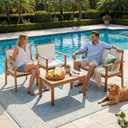 Patio Furniture 4 Piece Acacia Wood Outdoor Conversation Sofa Set with Table & Cushions Porch Chairs for Garden, Deck, Backyard, Natural
