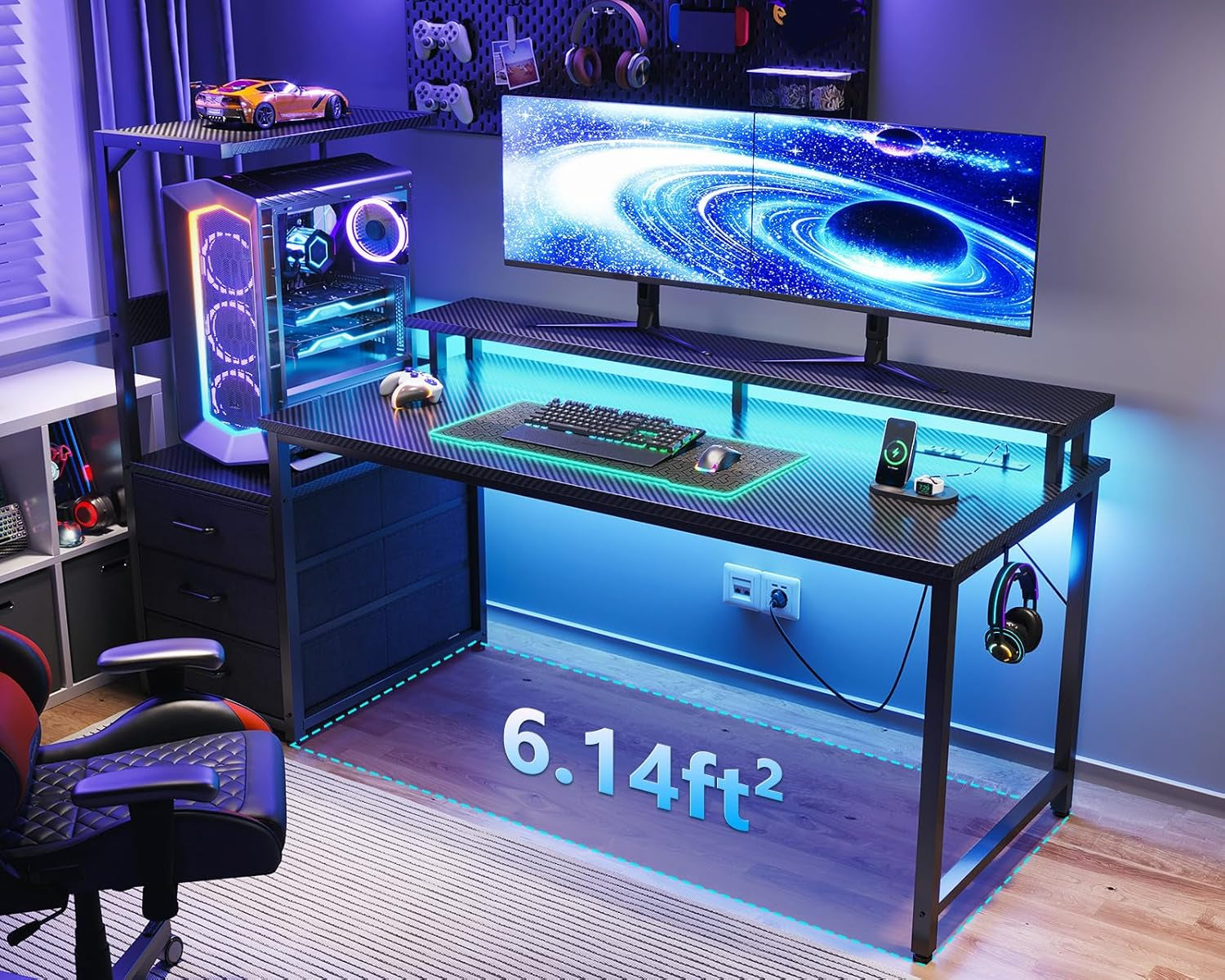 59 Inch Gaming Desk with USB Charging Ports & LED Light- Reversible Computer Desk with Storage Shelves & Monitor Stand, Modern Gamer Desk Table with Fabric Drawers & Side Hook, Carbon Fiber Black