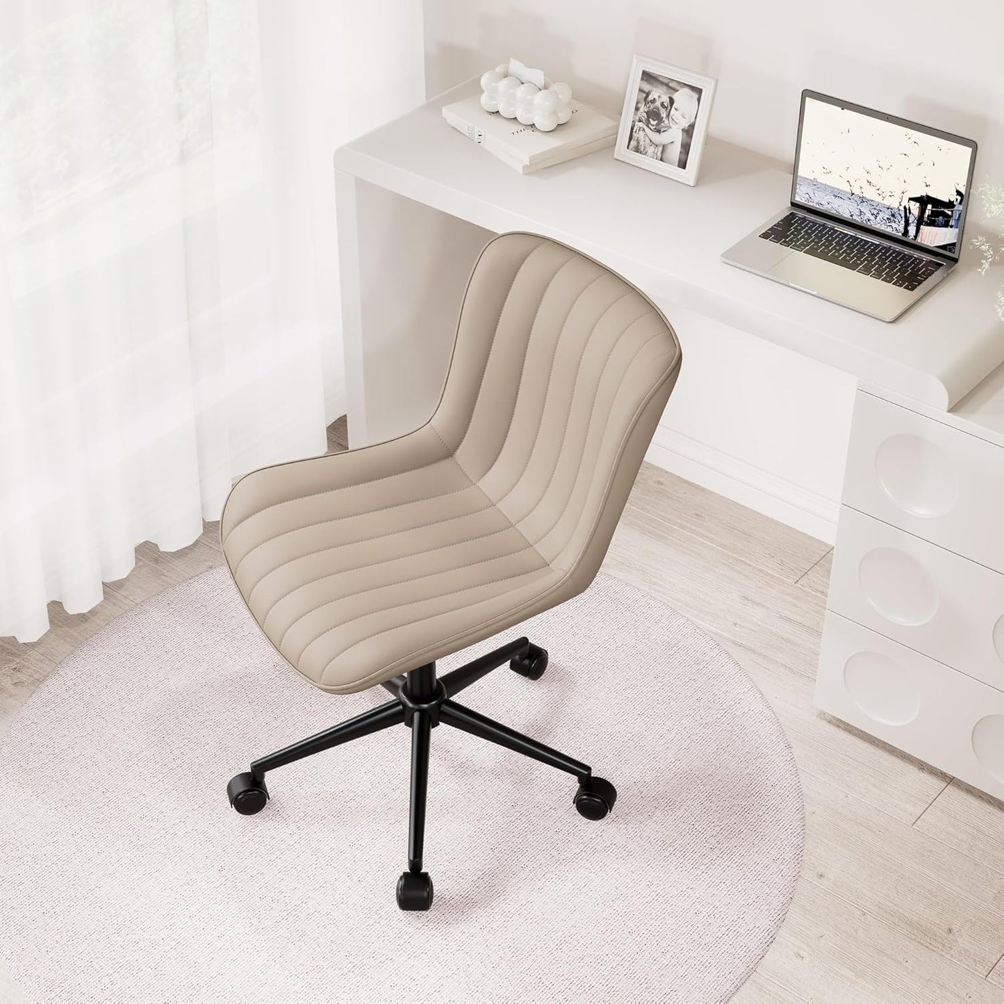 Khaki Leather Home Office Desk Chair with Wheels Modern Cute Armless Executive Swivel Vanity Chair with Comfy Padded Back Ergonomic Rolling Adjustable Computer Task Chair Small