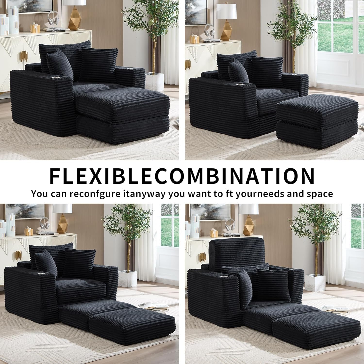 Boneless Chaise Lounge Chair Indoor, All-Foam Convertible Lounge Chair with No Frame, Wide Reclining Floor Lounger for Reading, Napping & Relaxation, No Assembly Needed (Black)