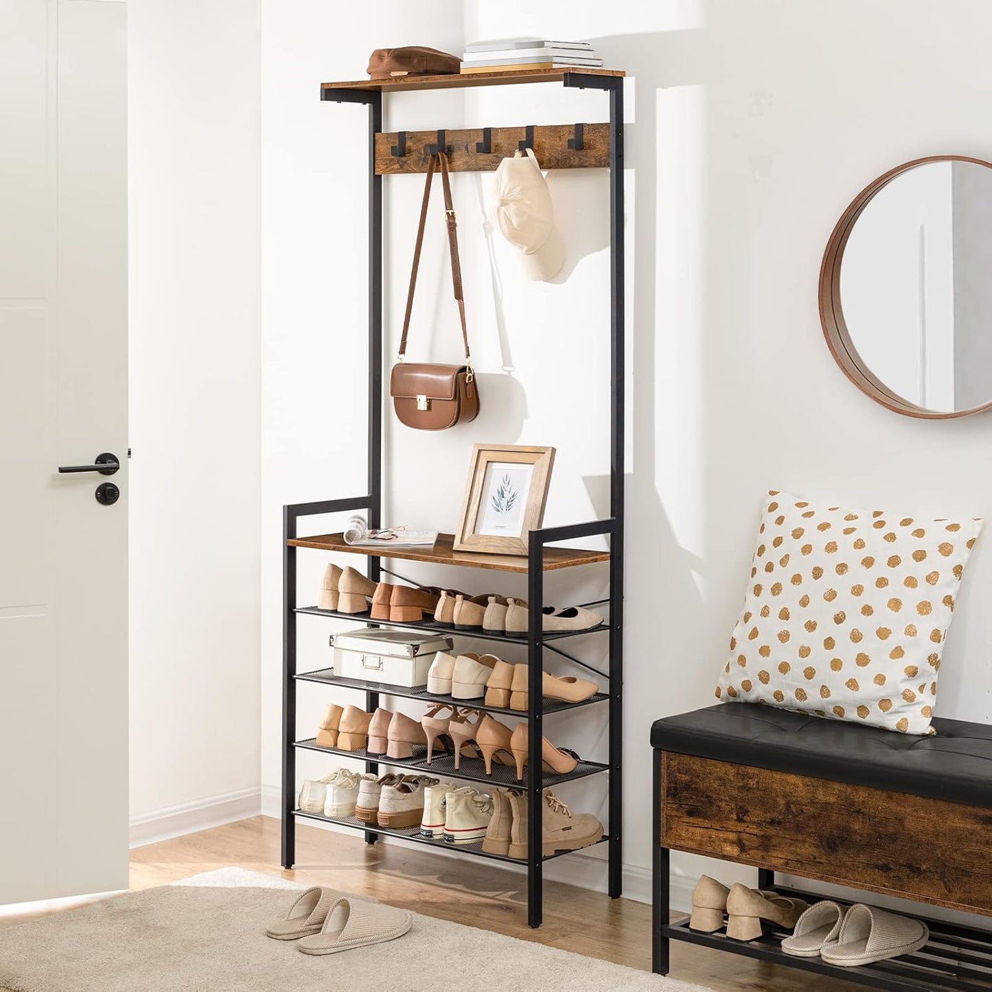 Hall Tree with Bench, Coat Rack with Shoe Storage, Shoe and Coat Rack, 5-Tier Entryway Shoe Storage, 5 Hooks, for 12-16 Pairs, Industrial, Hallway, Foyer, Mudroom, Rustic Brown BF74MT01