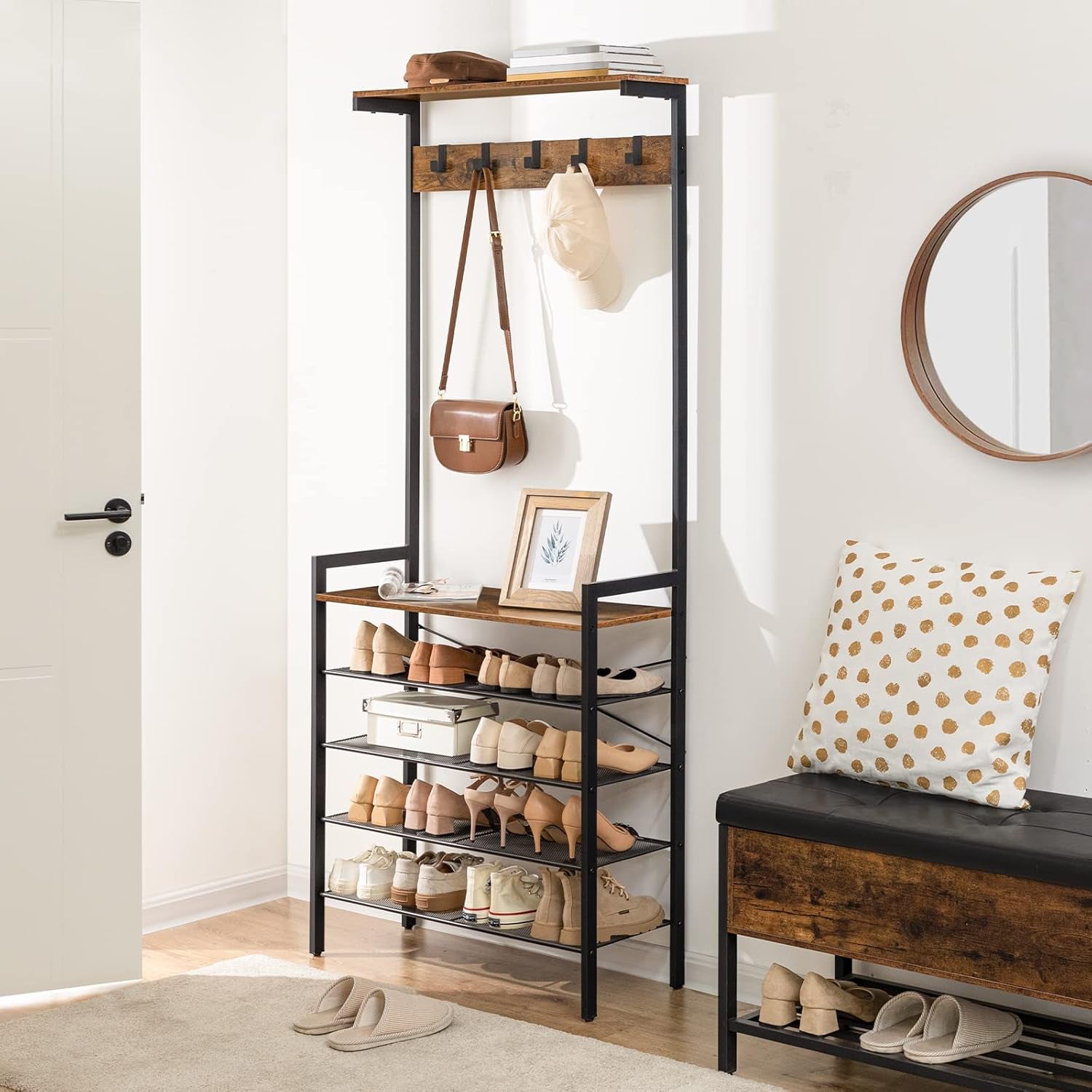 Hall Tree with Bench, Coat Rack with Shoe Storage, Shoe and Coat Rack, 5-Tier Entryway Shoe Storage, 5 Hooks, for 12-16 Pairs, Industrial, Hallway, Foyer, Mudroom, Rustic Brown BF74MT01