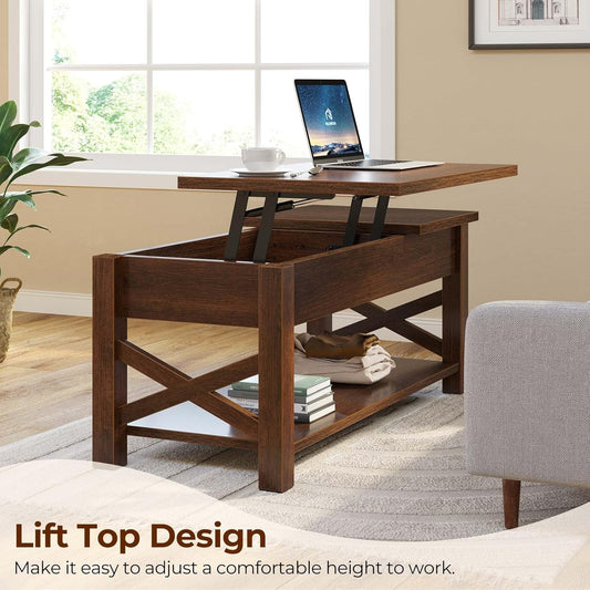 Coffee Table, 47.2" Lift Top with Hidden Compartment, 2 Way Lift Top Coffee Table with Open Shelf & X Wooded Support, Farmhouse Center Table for Living Room, Espresso