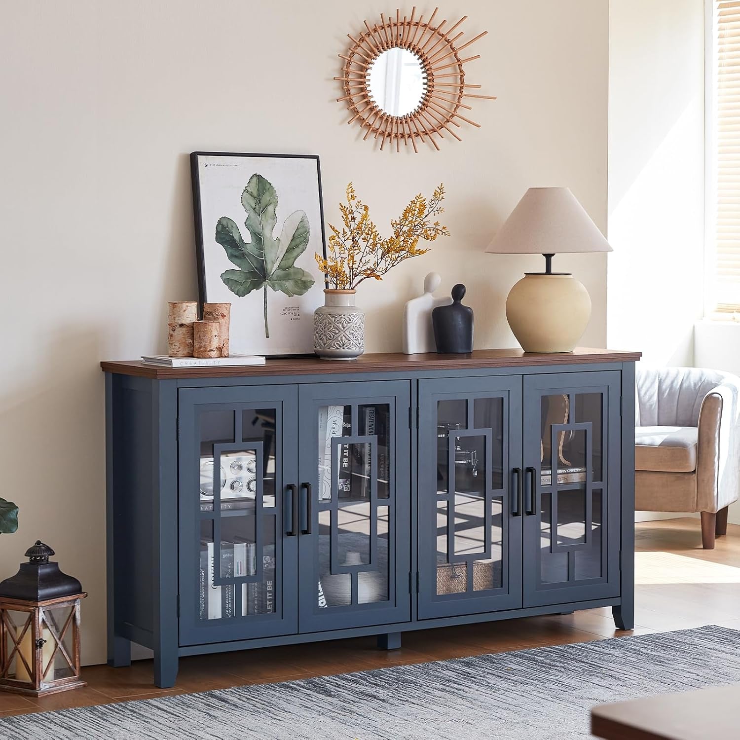 Large Sideboard Buffet Cabinet with Storage, 63" Farmhouse Navy Blue Kitchen Coffee Wine Bar Cabinet with 4 Glass Doors, Mid Century Modern Wood Side Board Table for Dining Room, Living Room