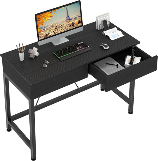 Small Computer Desk with Drawers, 39.4 Inch Home Office Desks with Storage, Simple Modern Kids Desk, Vanity Desk for Bedroom, Work Study Writing Desk Table for Small Spaces (Black, Wooden)