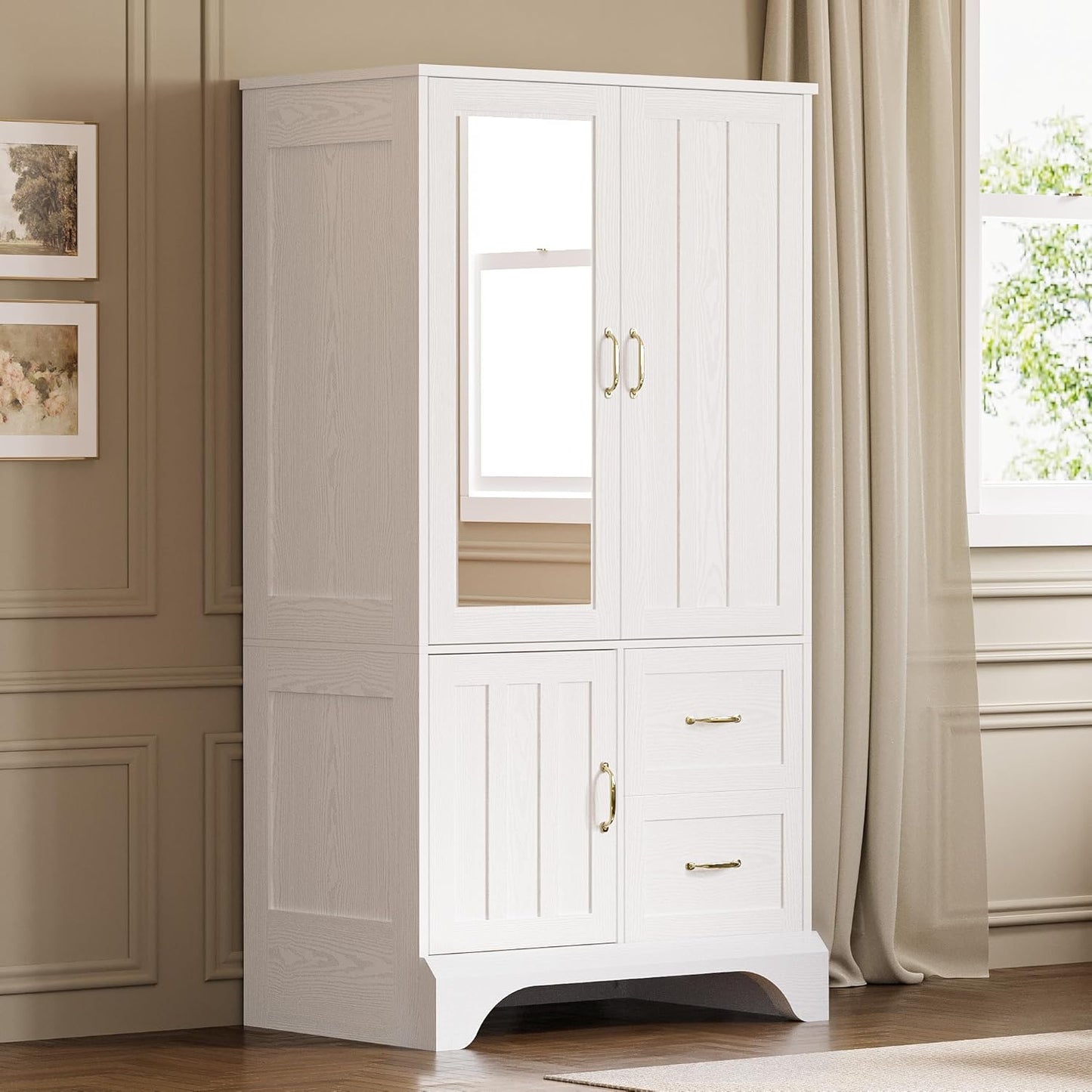 Armoire Wardrobe Closet with Mirror and 3 Doors and 2 Drawers, Bedroom Wooden Armoire Storage Cabinet Combination with Hanging Rod for Bedroom, White