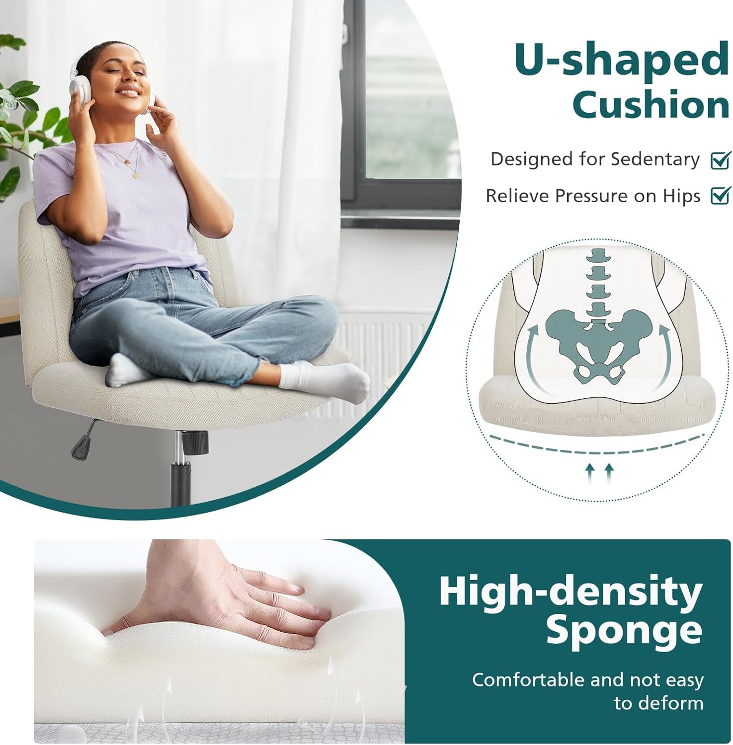 Criss Cross Chair with Wheels Wide Cross Legged Office Desk Vanity Chair Comfy Fabric Armless Adjustable Swivel for Home Computer Task Fabric Beige