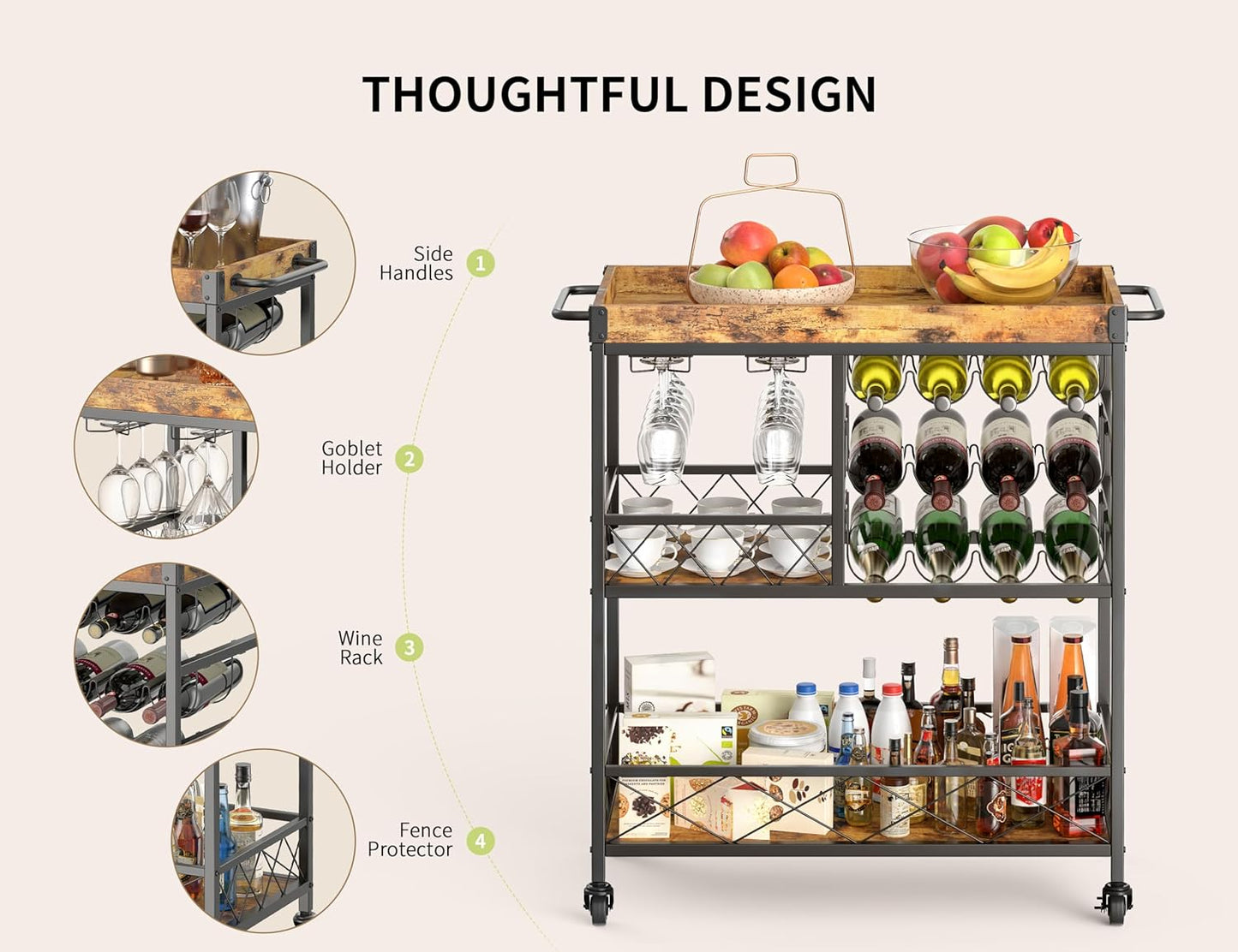 Bar Cart, 3 Tier Coffee Cart with Lockable Wheels, 12-Bottle Wine Rack, and Hanging Glass Holder, Kitchen Rack with Removable Tray, for Kitchen, Dining Room, Entertaining, Club Party,Retro