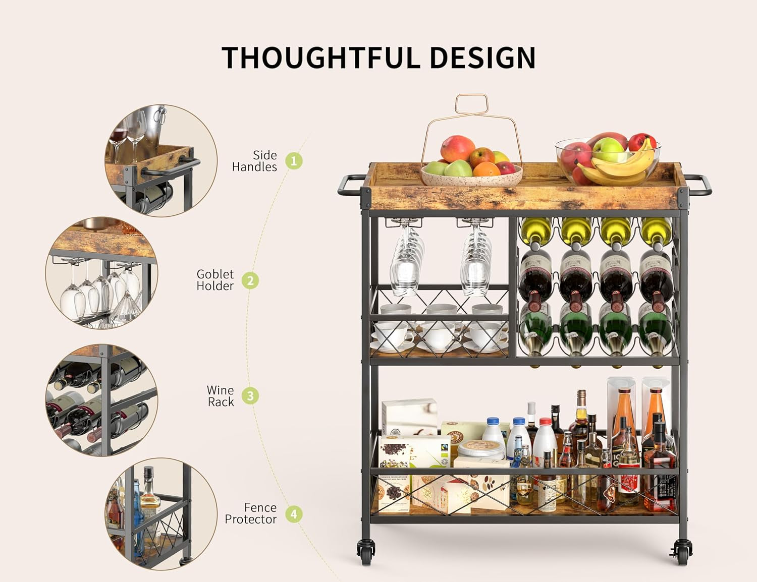 Bar Cart, 3 Tier Coffee Cart with Lockable Wheels, 12-Bottle Wine Rack, and Hanging Glass Holder, Kitchen Rack with Removable Tray, for Kitchen, Dining Room, Entertaining, Club Party,Retro