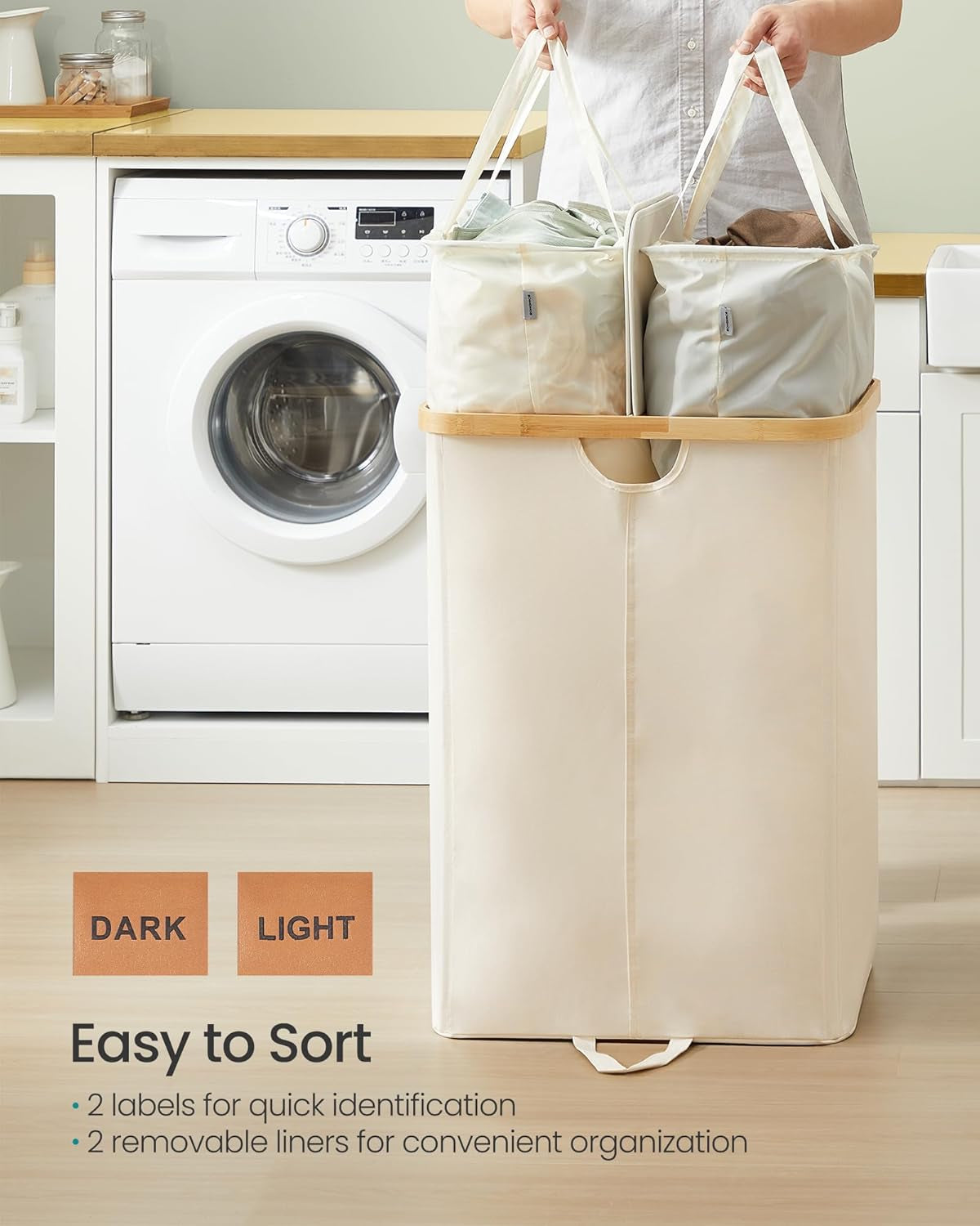 Laundry Hamper with Lids, Laundry Basket with 2 Compartments, 39 Gal. (150 L), Removable Liner Bag, for Laundry Room, Bedroom, Living Room, Cream White and Light Bamboo ULCB523W01