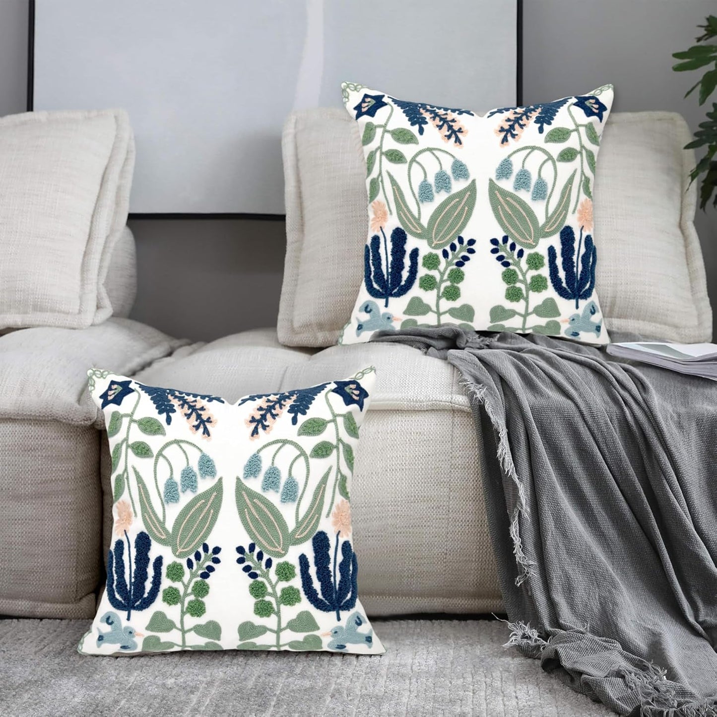 Summer Floral Embroidered Decorative Throw Pillow Covers 18"X 18" Set of 2, Farmhouse Navy Blue Flowers Green Leaves Tufted Patterned Cotton Cushion Cases for Couch Bed Living Room Decor