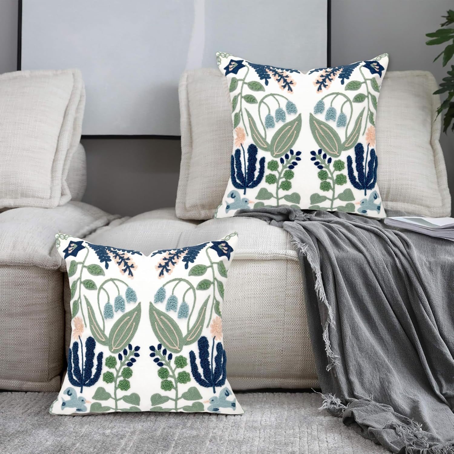 Summer Floral Embroidered Decorative Throw Pillow Covers 18"X 18" Set of 2, Farmhouse Navy Blue Flowers Green Leaves Tufted Patterned Cotton Cushion Cases for Couch Bed Living Room Decor