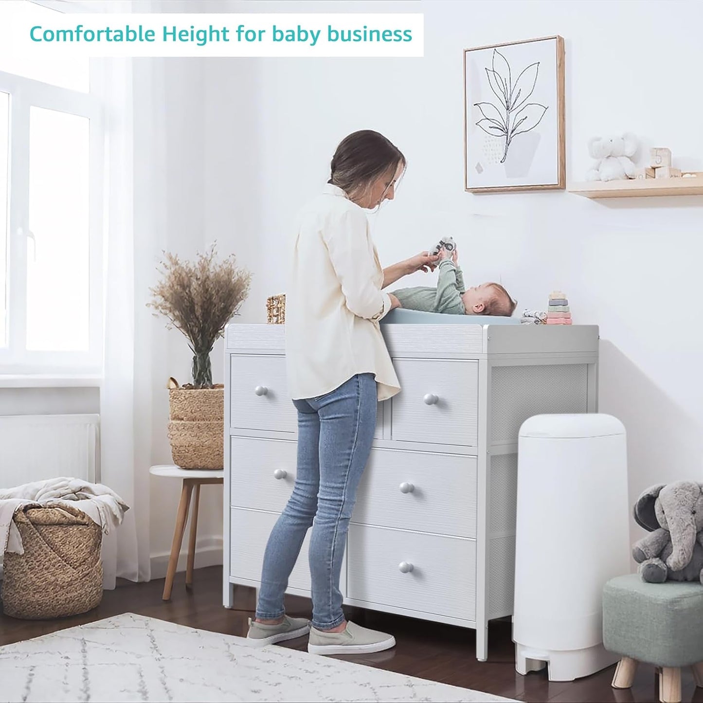 Changing Table Dresser with Storage, Baby Dresser with Changing Table Top Diaper Changing Station with 7 Fabric Drawers for Nursery Modern