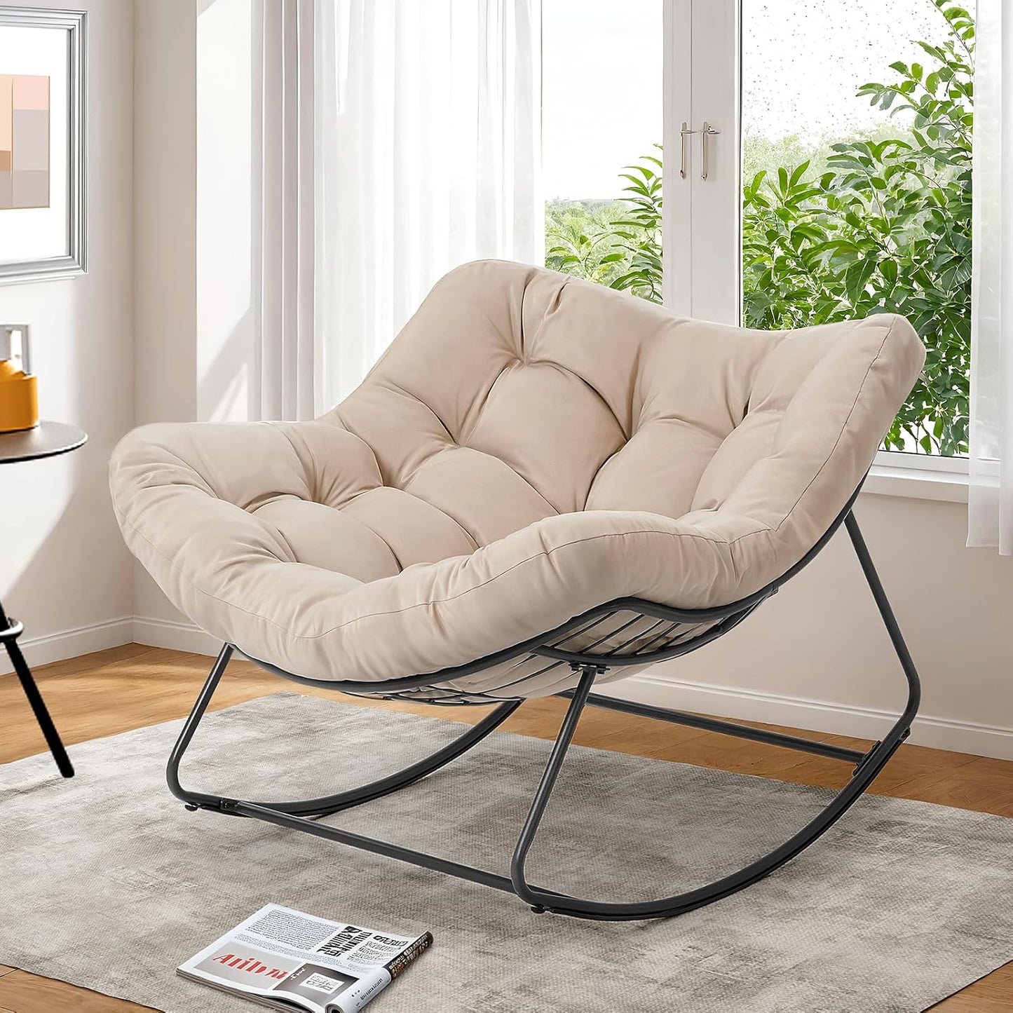 Indoor Rocking Papasan Chair, 450 Lbs Oversized Indoor Egg Comfy Chairs, Rocking Reading Chair with Thickened Cushion, Lounge Cozy Chairs for Bedroom Living Room, Beige