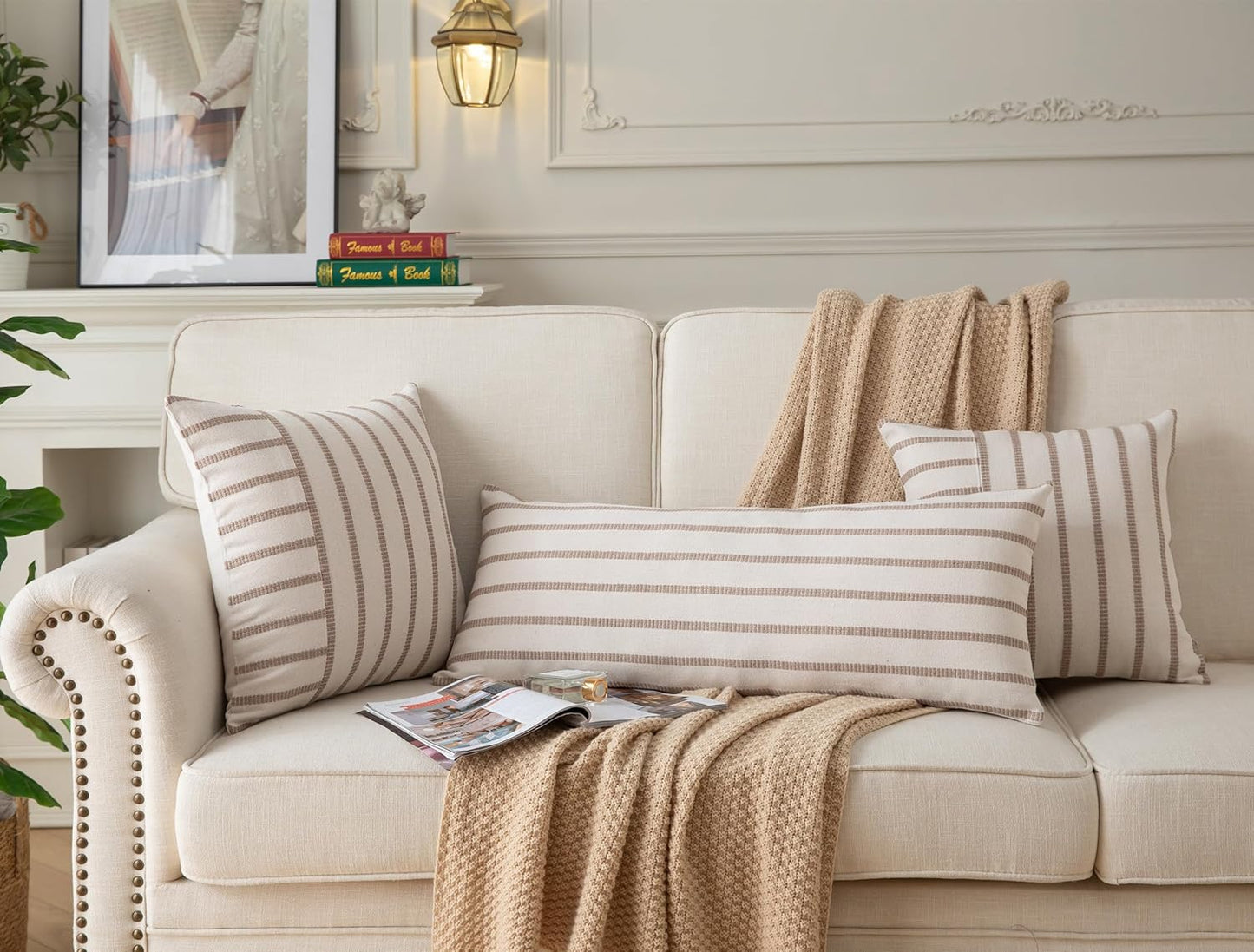 Boho Lumbar Throw Pillow Cover 14X36 Long Soft Farmhouse Decorative Couch Pillow Cases Beige Striped Body Pillow Covers Neutral Cushion Covers for Sofa Bed Living Room Home Decor Pack of 1