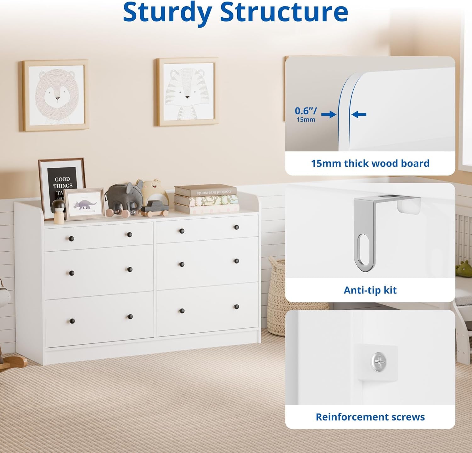 Baby Dresser with 6 Drawers and Large Table Top, Multi-Functional Chest of Drawer, Drawer Dresser with Three-Sided High Rails for Nursery, Children'S Room, Bedroom, White