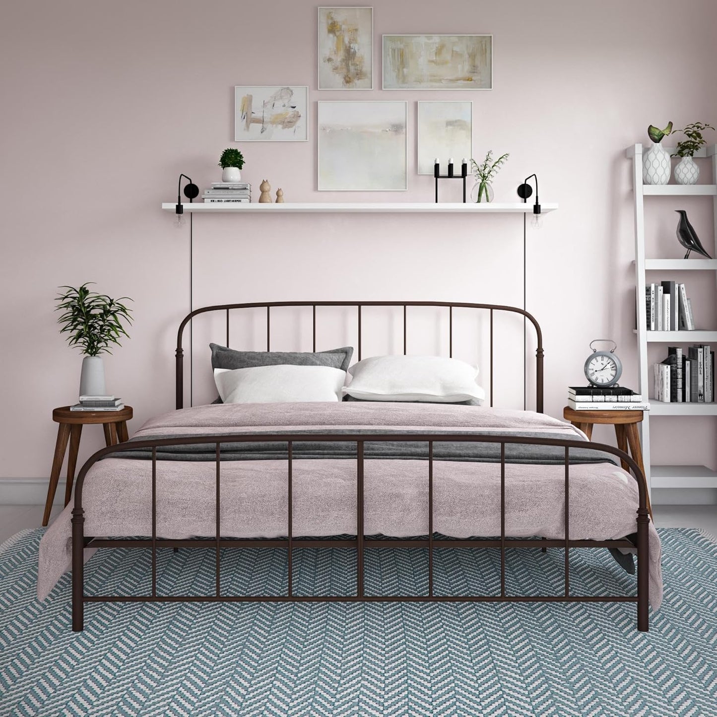 Lafayette Metal Platform Bed with Rustic Style Curved Headboard and Footboard, Adustable Base Height for Underbed Storage, No Box Spring Needed, King, Bronze