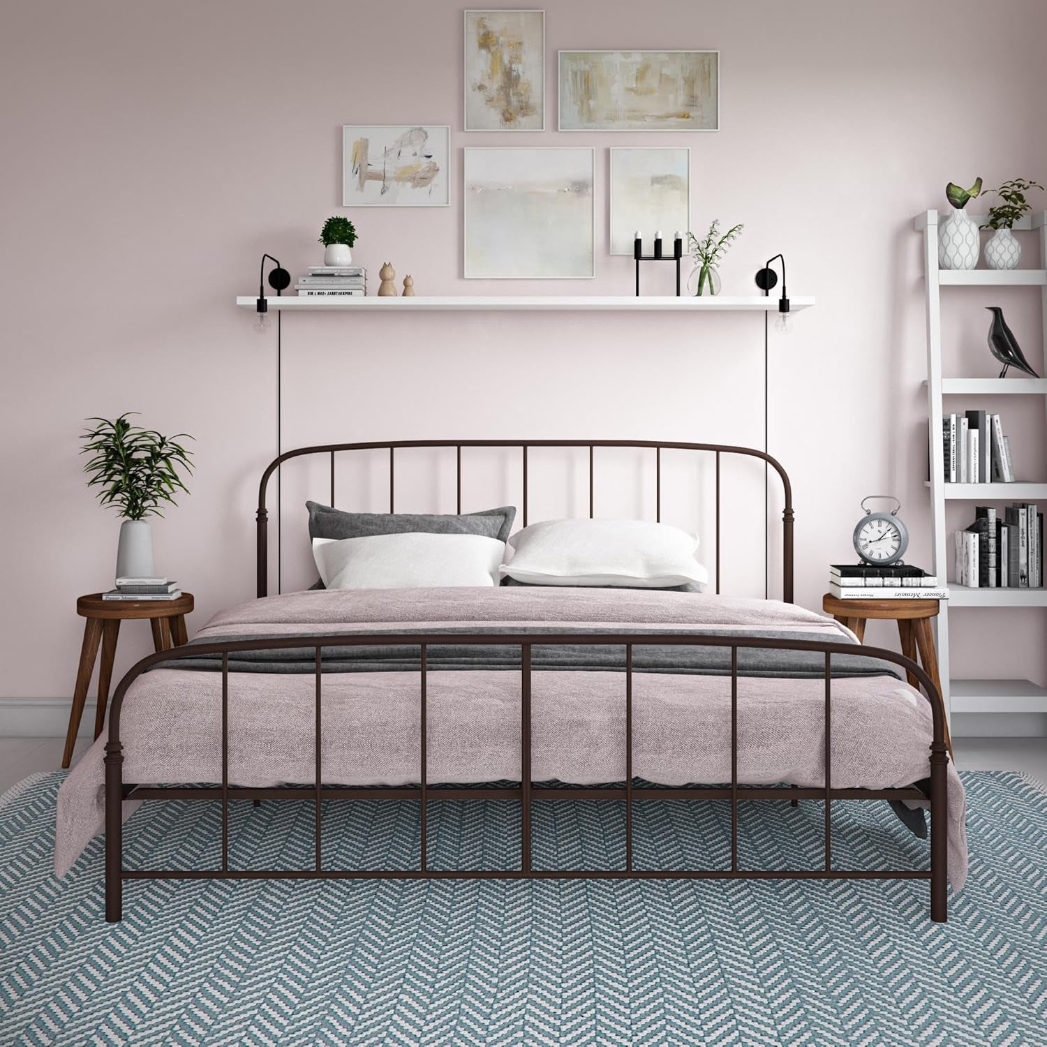 Lafayette Metal Platform Bed with Rustic Style Curved Headboard and Footboard, Adustable Base Height for Underbed Storage, No Box Spring Needed, King, Bronze